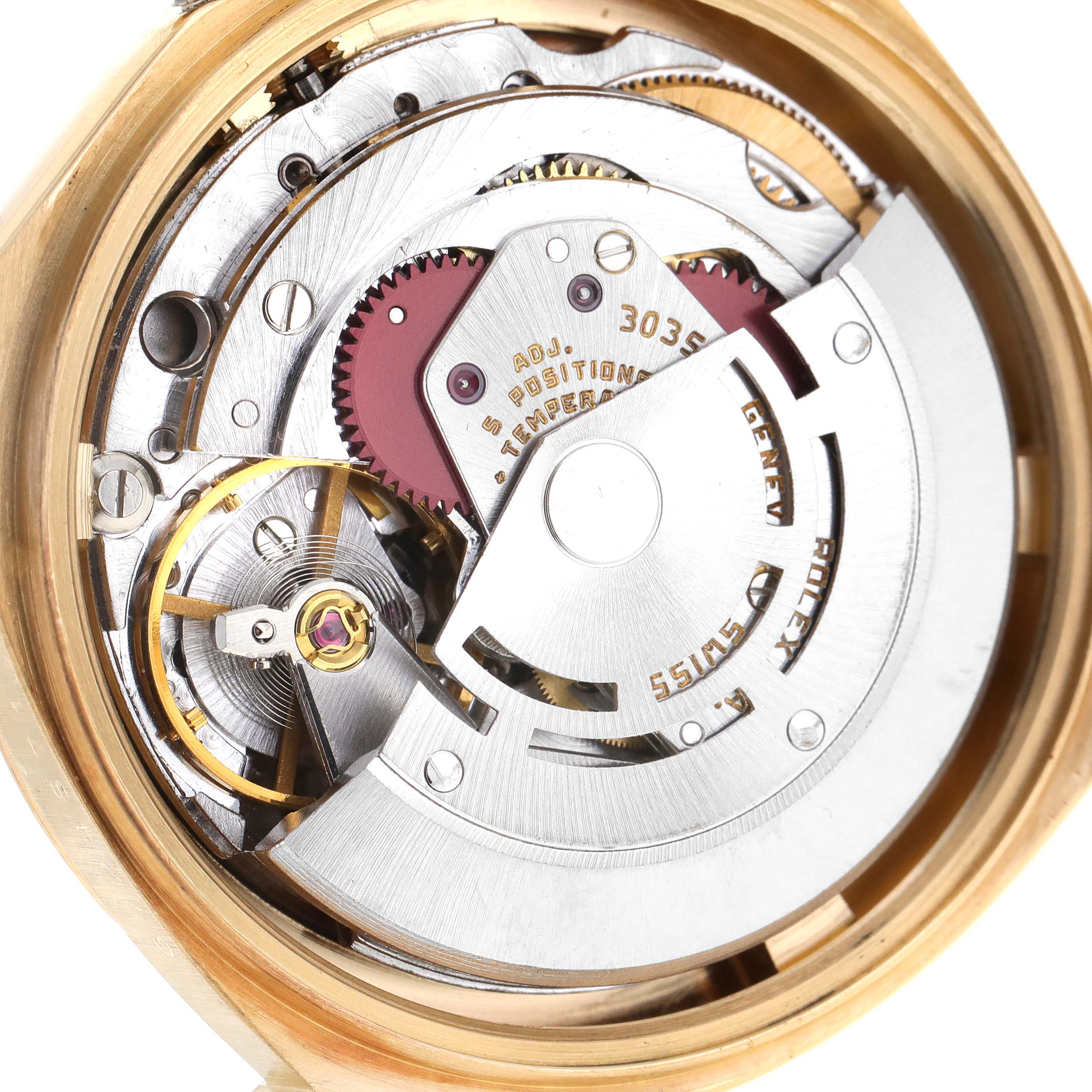 This image shows the intricate inner movement mechanisms of the Rolex President 16018 Men's Yellow Gold Blue Dial 16018 Men's Yellow Gold Blue Dial model watch from a close-up angle.