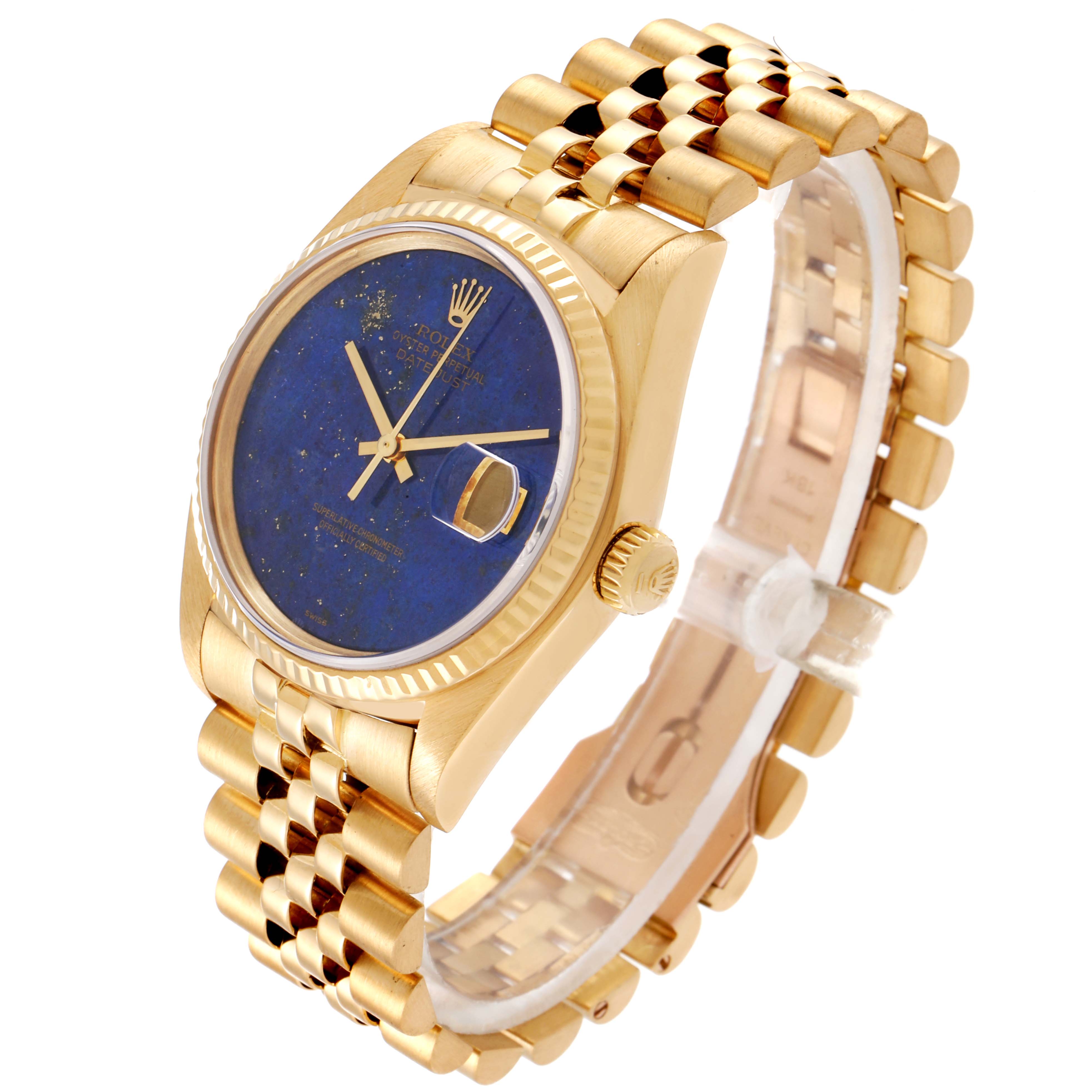 The image shows a side view of the Rolex President 16018 Men's Yellow Gold Blue Dial 16018 Men's Yellow Gold Blue Dial model, highlighting the blue dial, gold case, and bracelet.