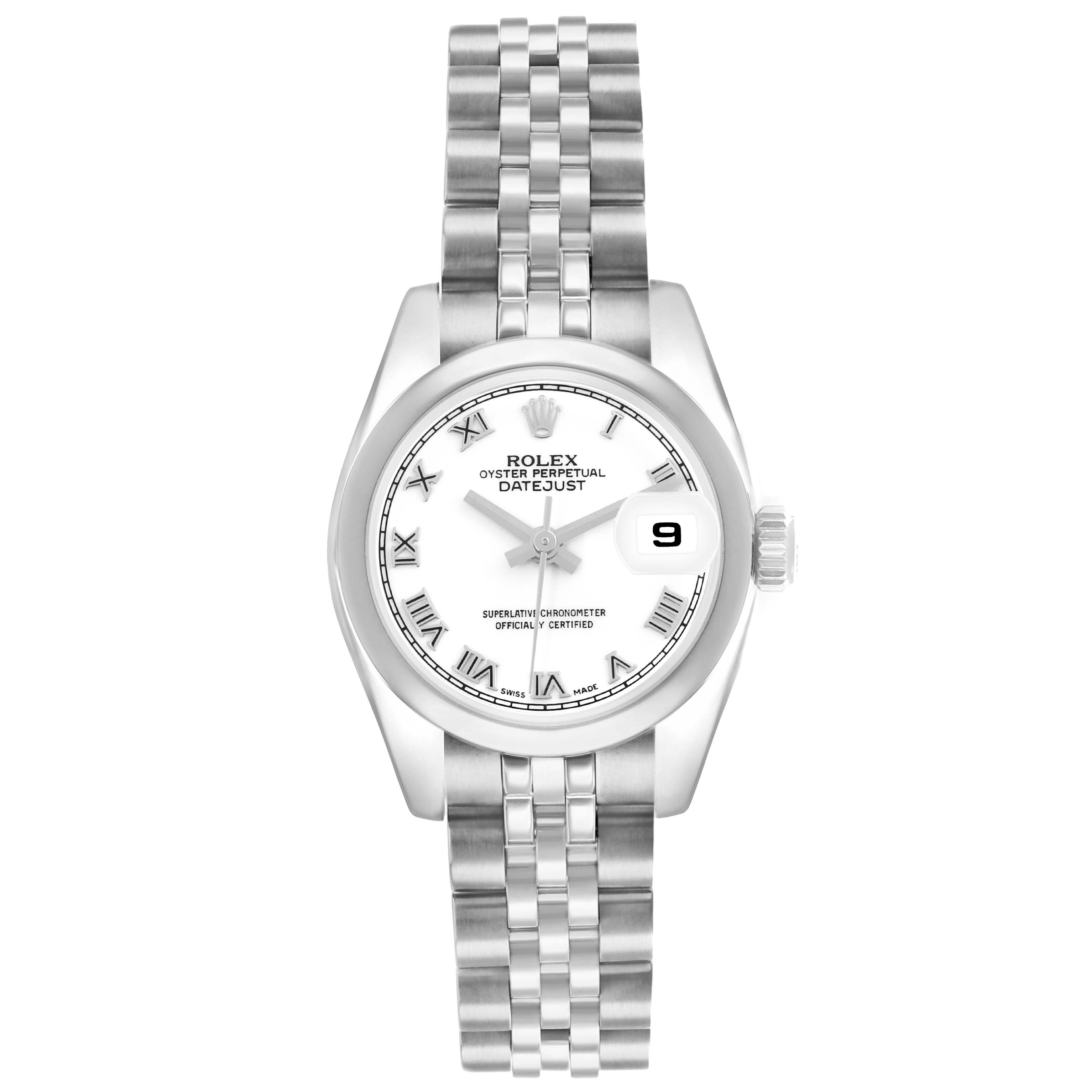 The Rolex Datejust 179160 Women's Stainless Steel White Dial watch is shown from a top-down view, showcasing the dial, bezel, bracelet, and date window.