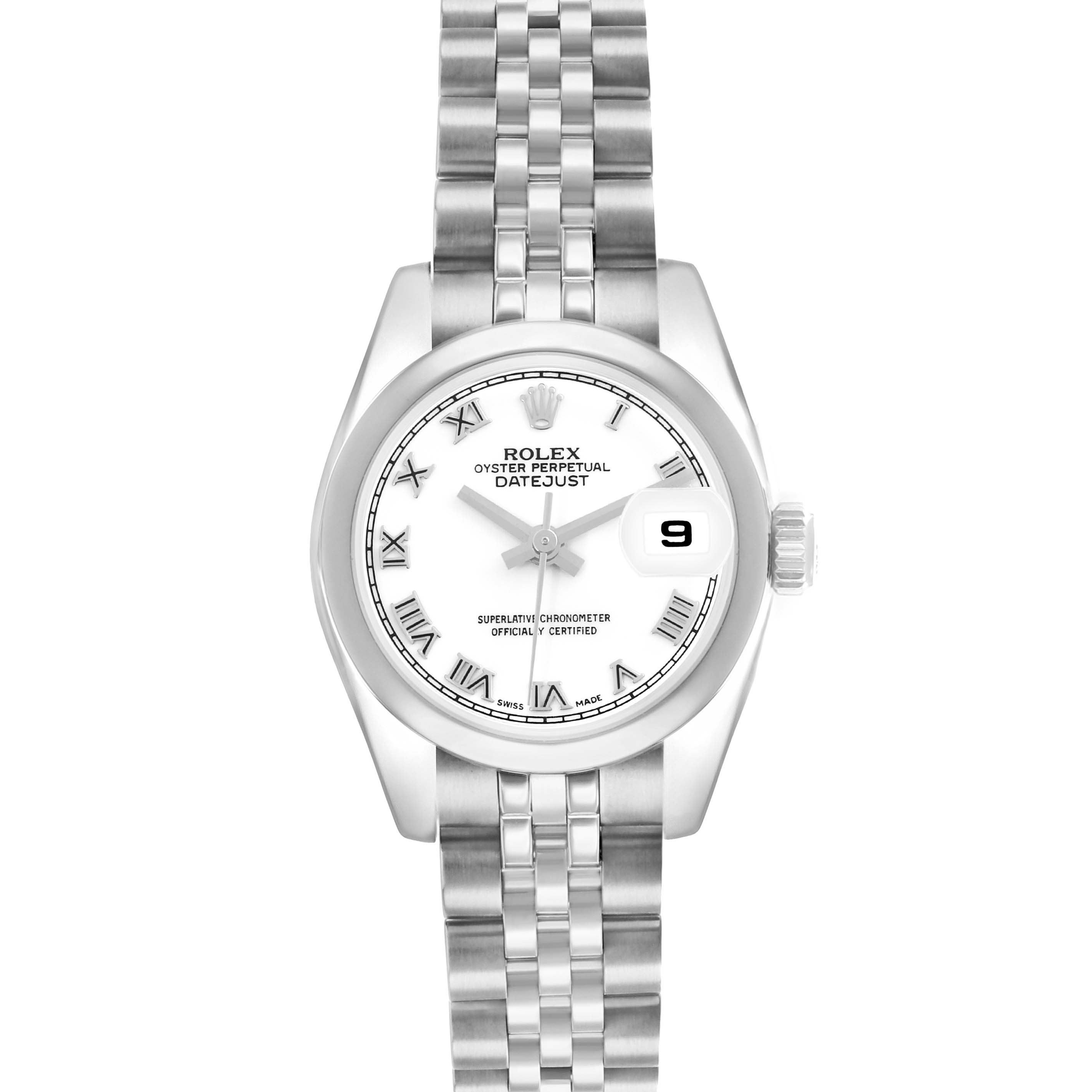 The Rolex Datejust 179160 Women's Stainless Steel White Dial is shown from a top-down view, displaying the dial, bezel, bracelet, and date window.