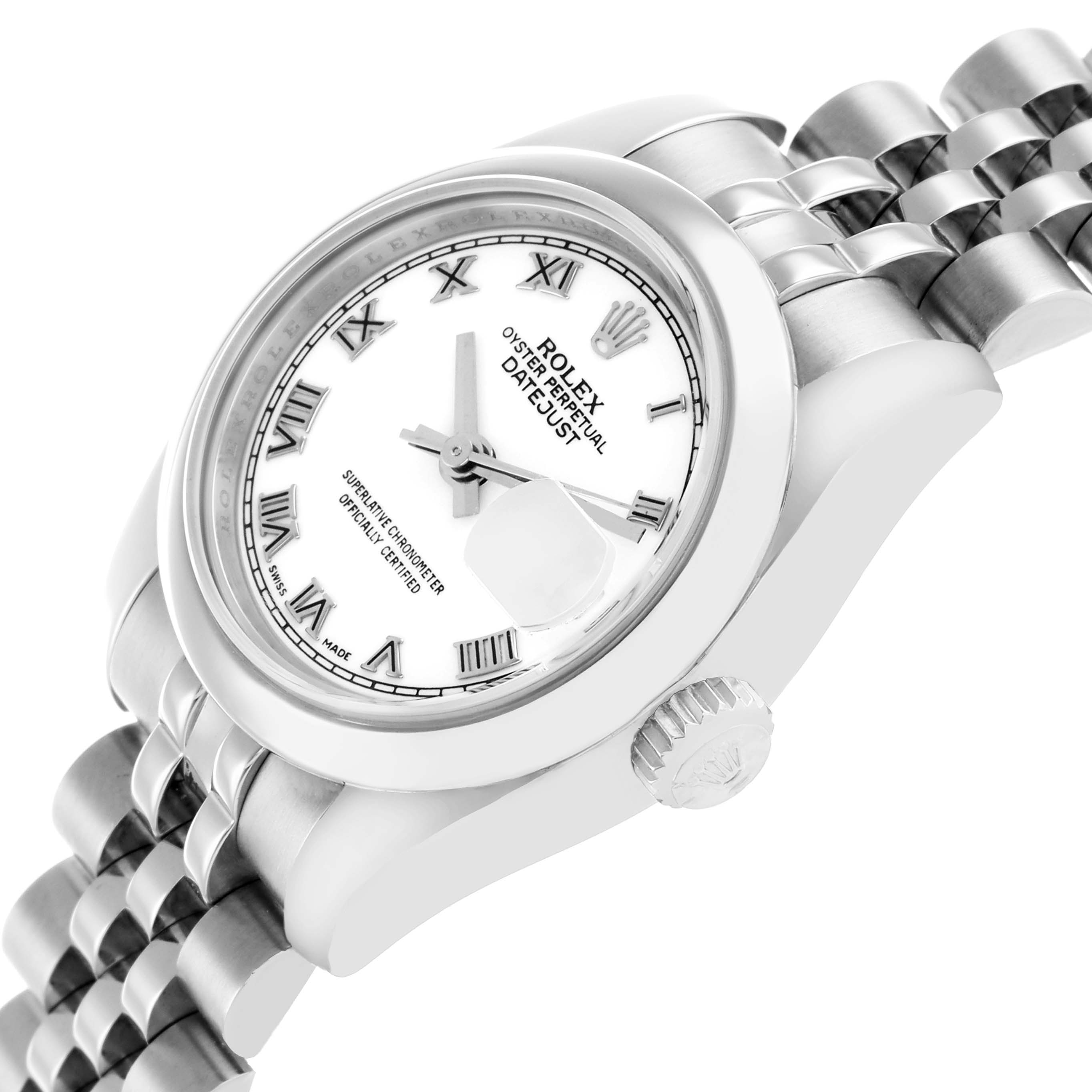 The Rolex Datejust 179160 Women's Stainless Steel White Dial is shown at a three-quarter angle, highlighting the dial, bezel, crown, and part of the bracelet.