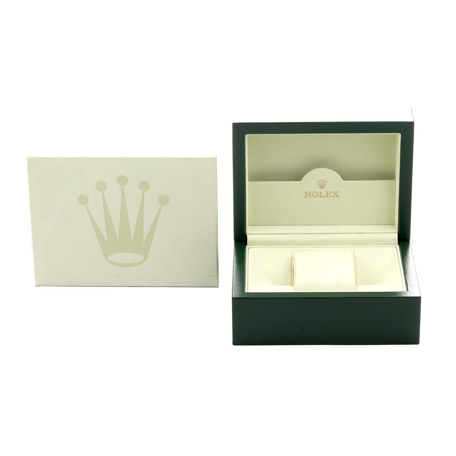 The image shows a Rolex Datejust 179160 Women's Stainless Steel White Dial watch box and its outer packaging, viewed from an angle that displays the open lid and interior.