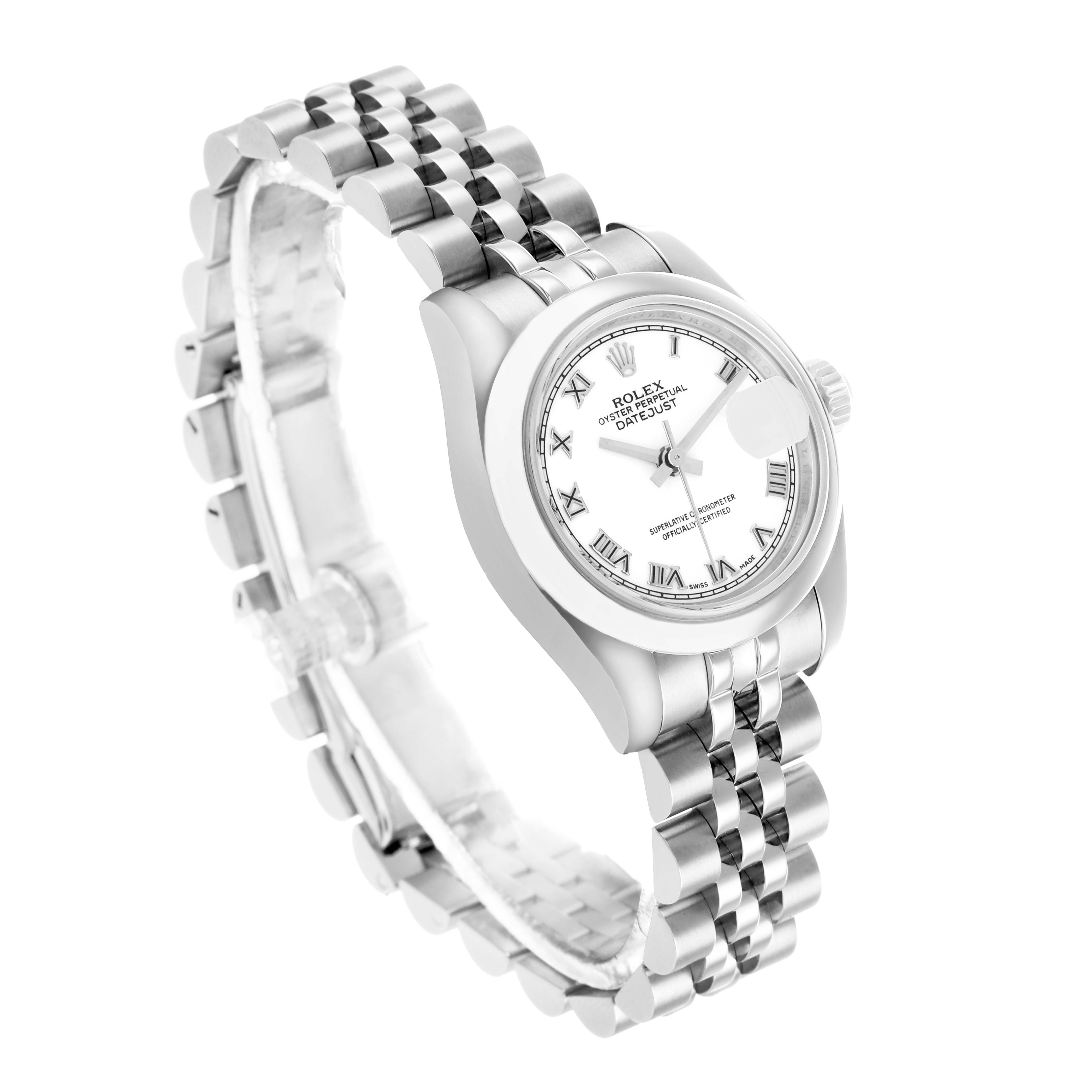 The Rolex Datejust 179160 Women's Stainless Steel White Dial watch is shown at a three-quarter angle, displaying its face, bezel, and Jubilee bracelet.