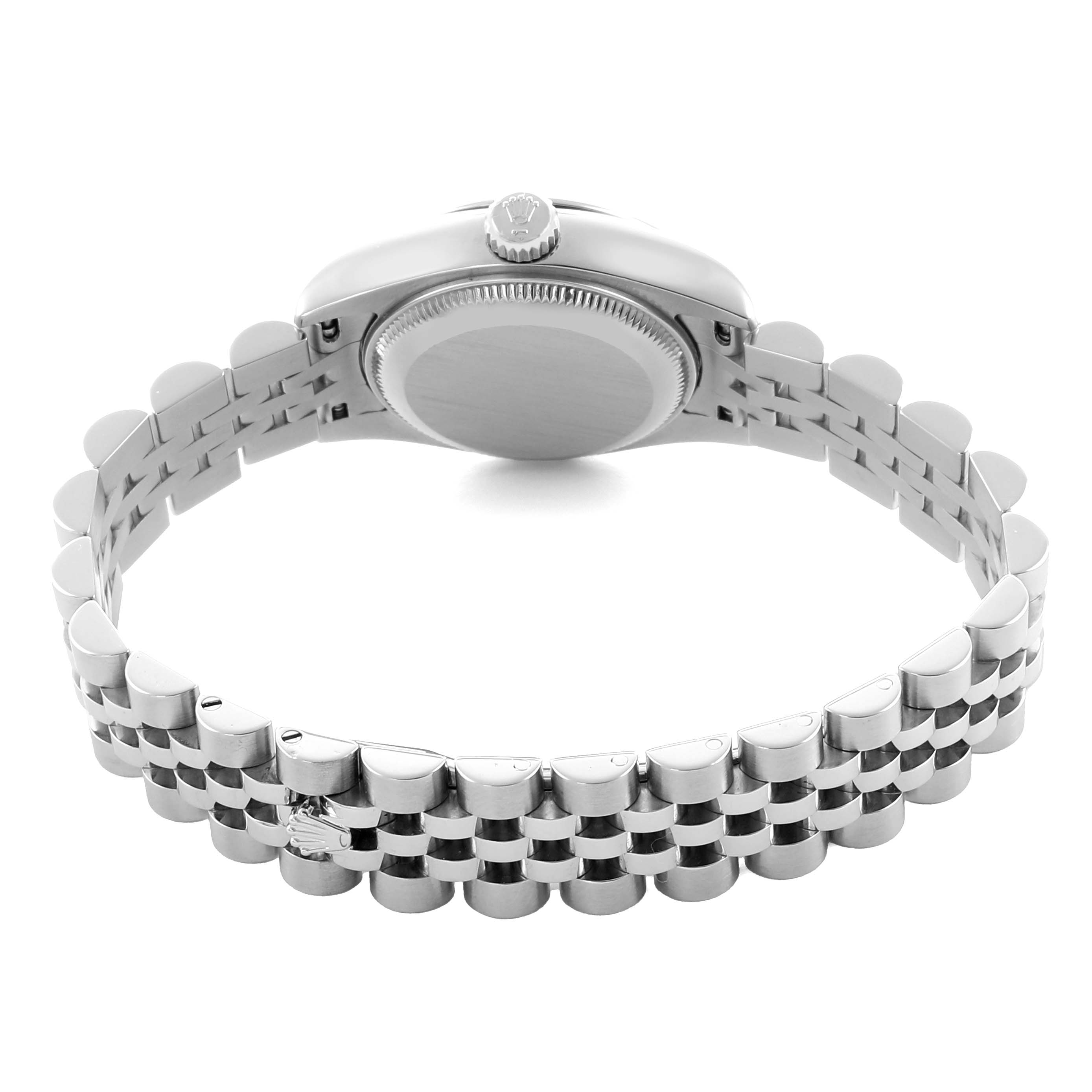The image shows the underside of a Rolex Datejust 179160 Women's Stainless Steel White Dial, highlighting the bracelet, clasp, case back, and crown from a rear angle.