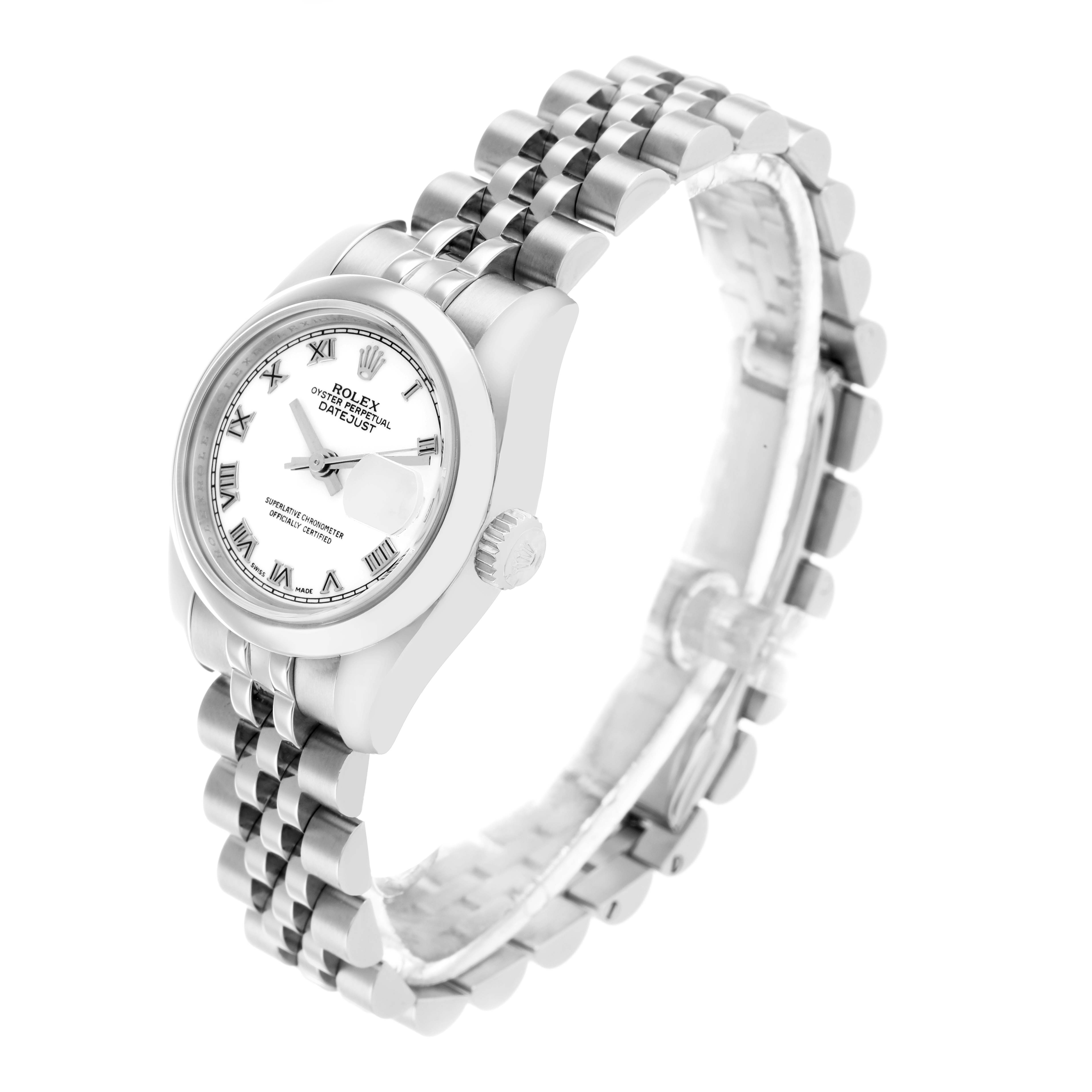The Rolex Datejust 179160 Women's Stainless Steel White Dial watch is shown at a slight angle, highlighting the face, bezel, and part of the bracelet.