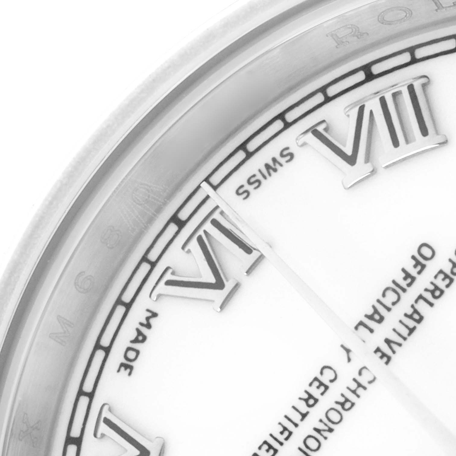 The image shows a close-up of the dial edge and Roman numerals of a Rolex Datejust 179160 Women's Stainless Steel White Dial, emphasizing the "Swiss Made" detail.