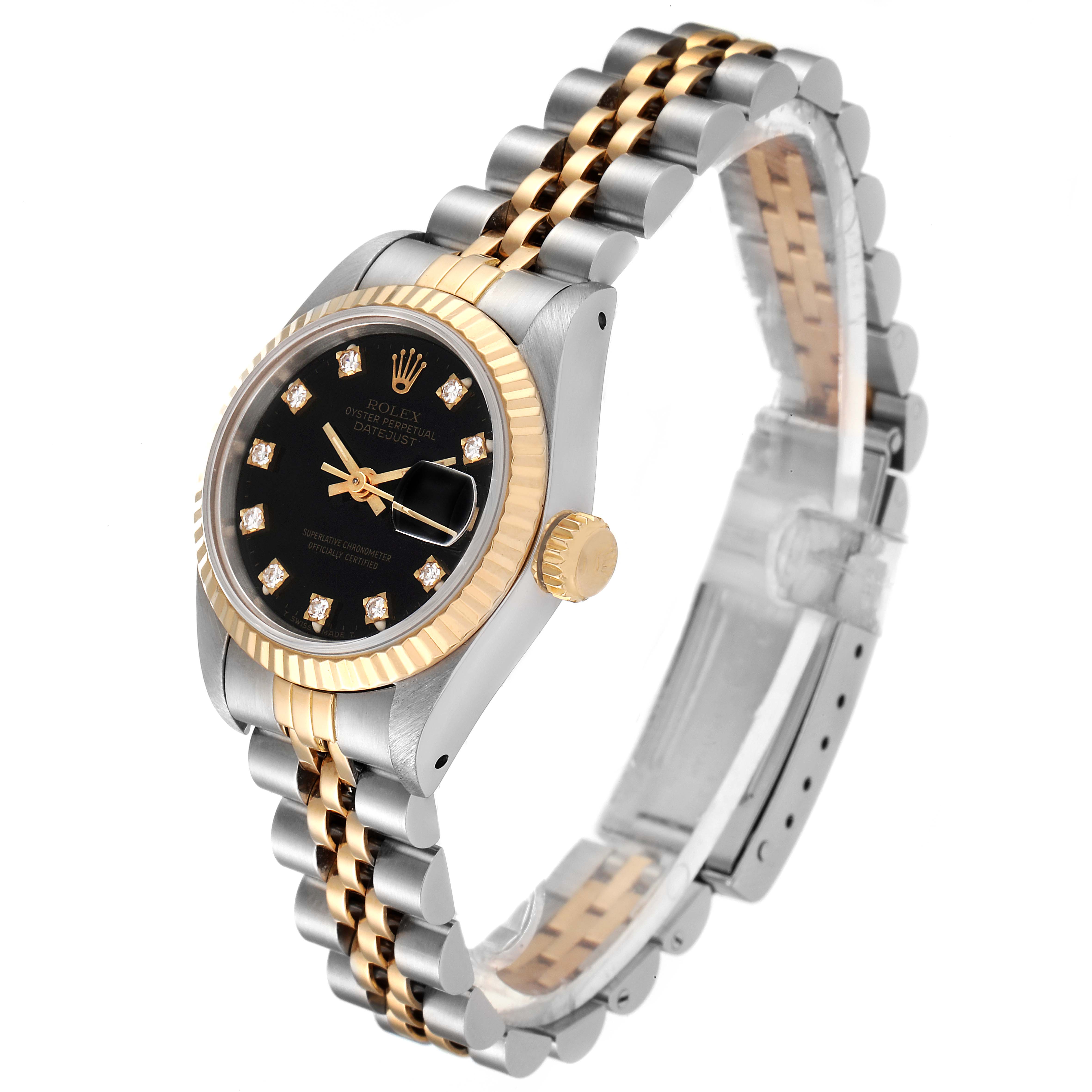 This image shows a Rolex Datejust 69173 Women
s Steel and Gold (two tone) Black Dial 69173 Women
s Steel and Gold (two tone) Black Dial watch at an angle displaying its black dial, fluted bezel, and two-tone jubilee bracelet.