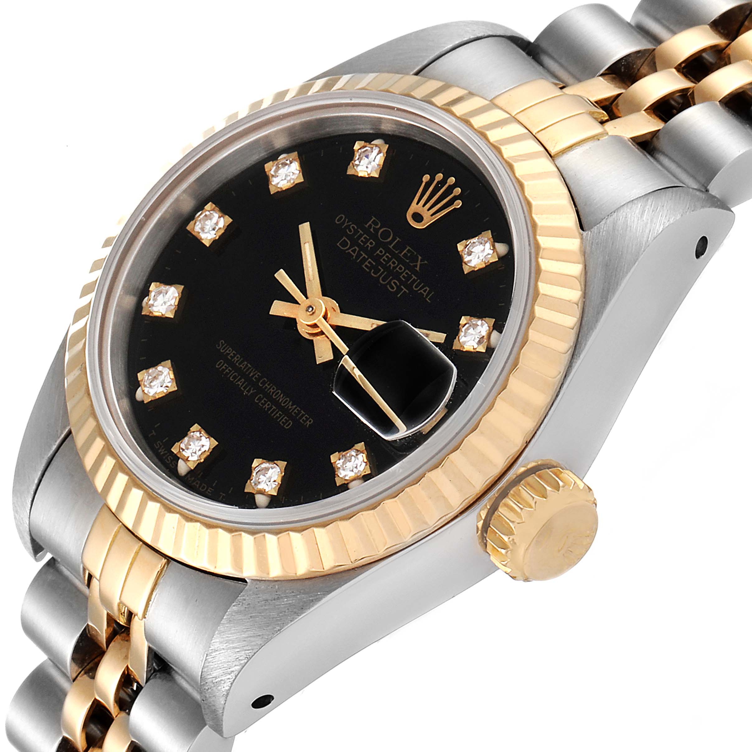 This image shows a close-up angle of a Rolex Datejust 69173 Women
s Steel and Gold (two tone) Black Dial 69173 Women
s Steel and Gold (two tone) Black Dial watch, featuring the dial, crown, and part of the bracelet.