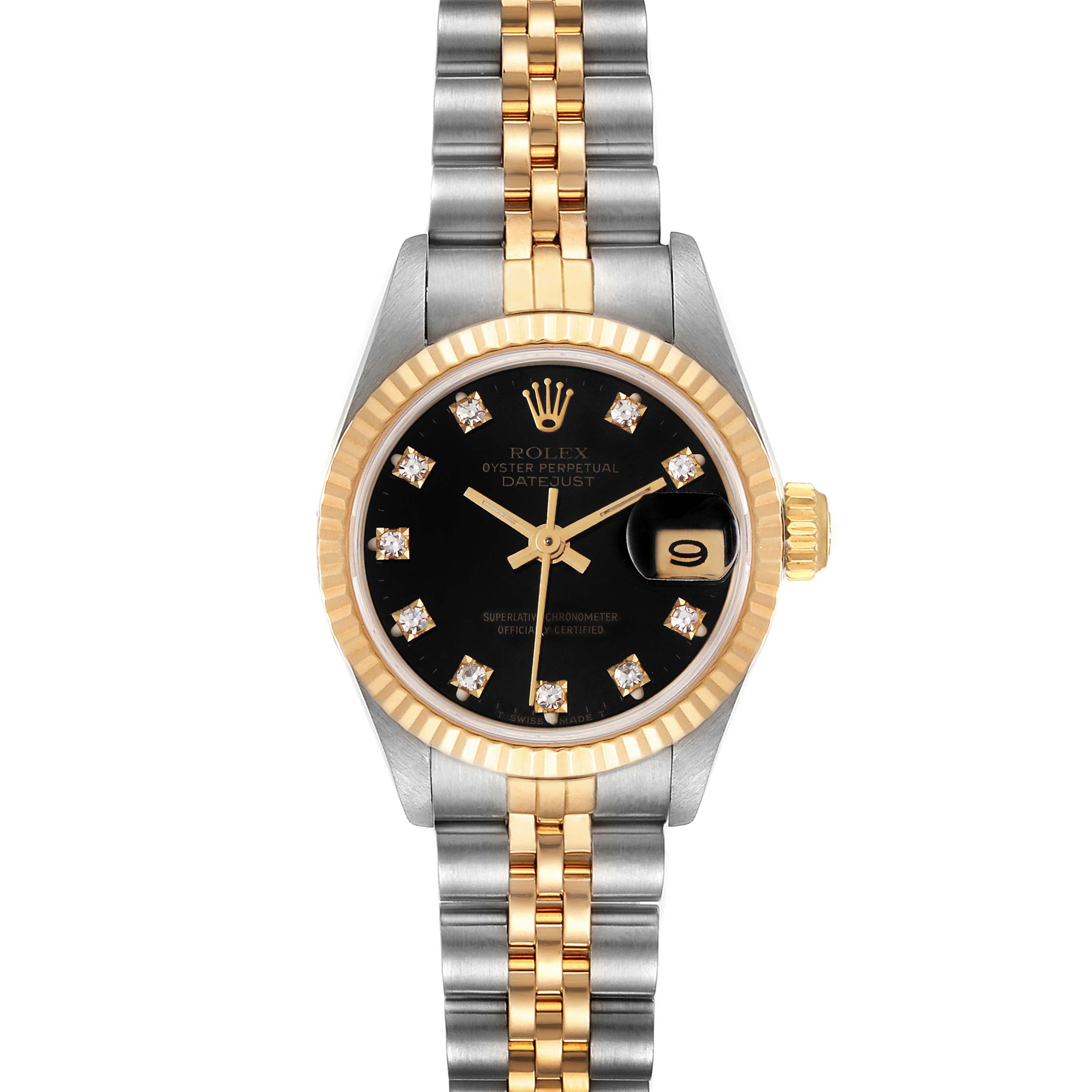 This image shows a Rolex Datejust 69173 Women
s Steel and Gold (two tone) Black Dial 69173 Women
s Steel and Gold (two tone) Black Dial watch from a front angle, highlighting its black dial, diamond markers, and two-tone bracelet.