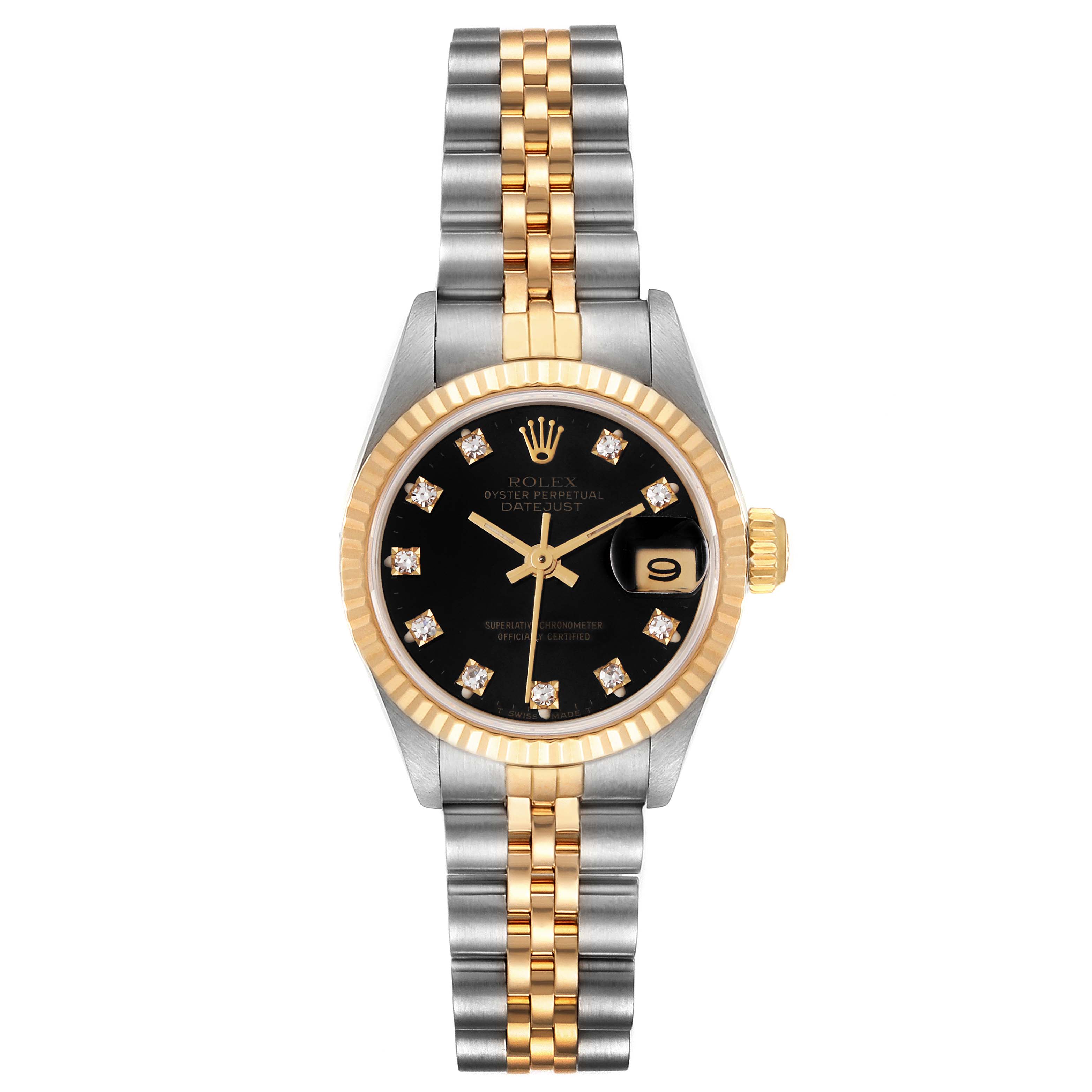 The image shows a Rolex Datejust 69173 Women
s Steel and Gold (two tone) Black Dial 69173 Women
s Steel and Gold (two tone) Black Dial watch from the front, featuring a gold and silver bracelet, black dial, and diamond hour markers.