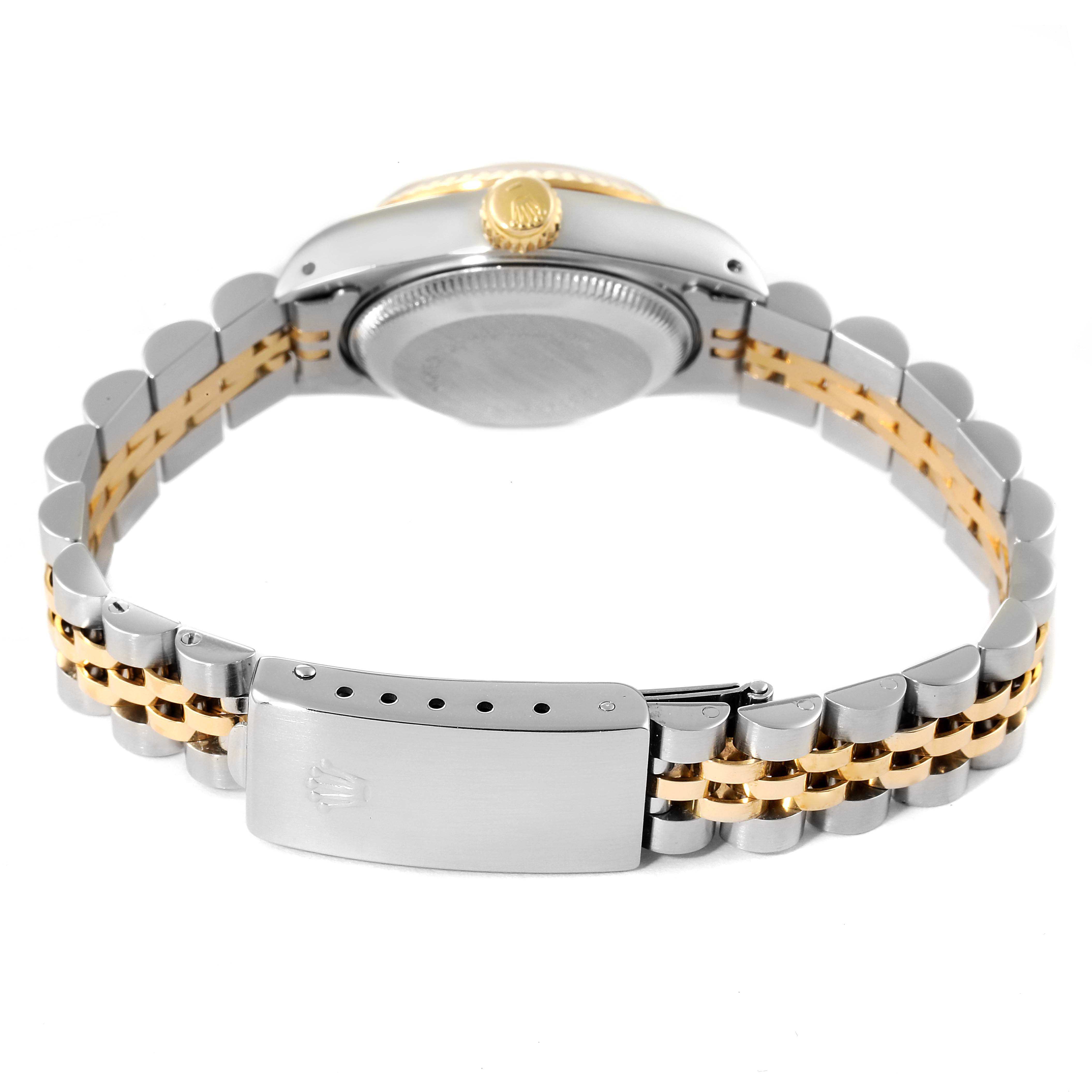 This image shows the back view of the Rolex Datejust 69173 Women
s Steel and Gold (two tone) Black Dial 69173 Women
s Steel and Gold (two tone) Black Dial watch, focusing on the clasp, bracelet, and caseback.