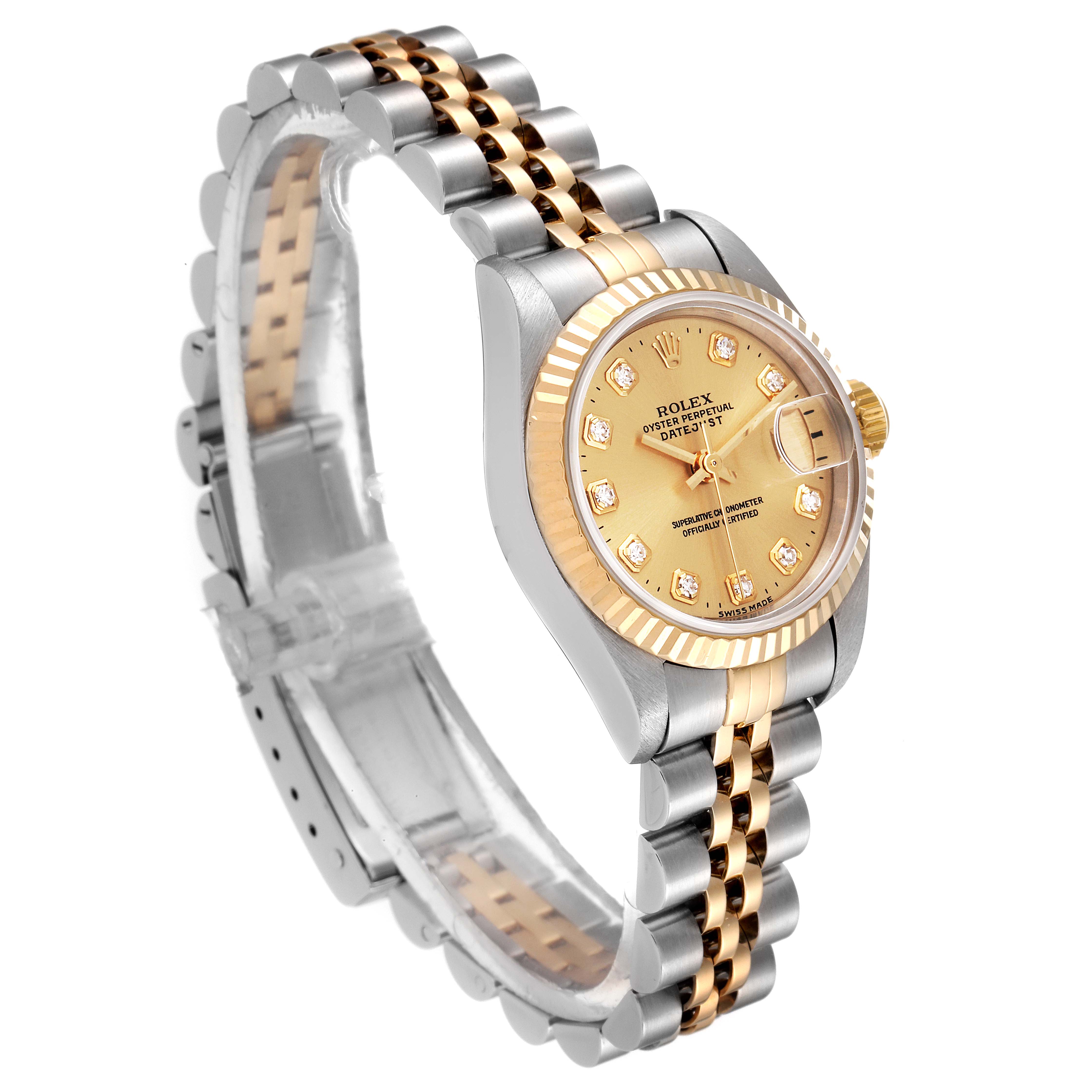 The image shows a Rolex Datejust 69173 Women's Steel and Gold (two tone) Champagne Dial 69173 Women's Steel and Gold (two tone) Champagne Dial watch at a three-quarters angle, highlighting its two-tone bracelet and diamond-set dial.