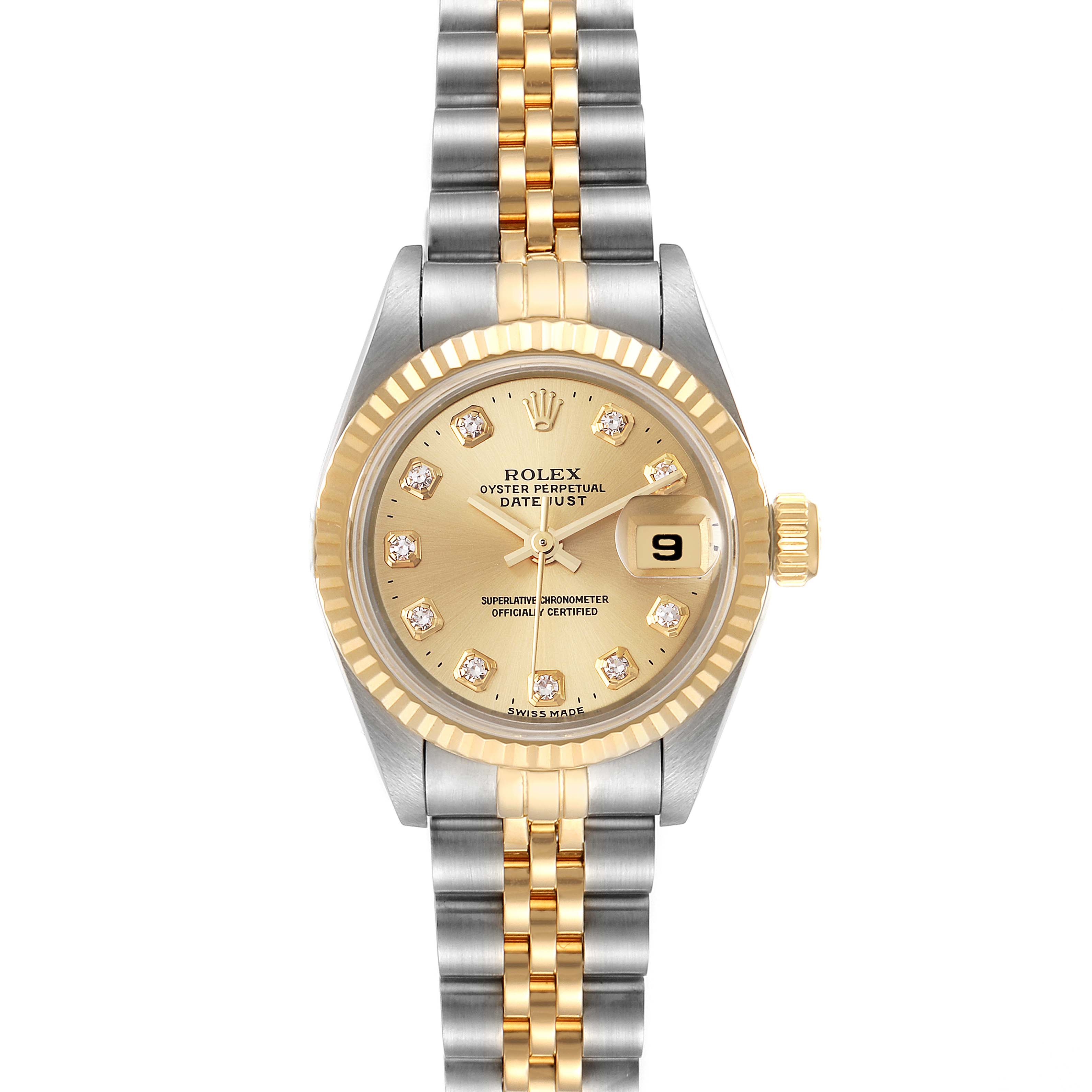 This is a front view of a Rolex Datejust 69173 Women's Steel and Gold (two tone) Champagne Dial 69173 Women's Steel and Gold (two tone) Champagne Dial watch, showcasing the face, bezel, crown, and bracelet.
