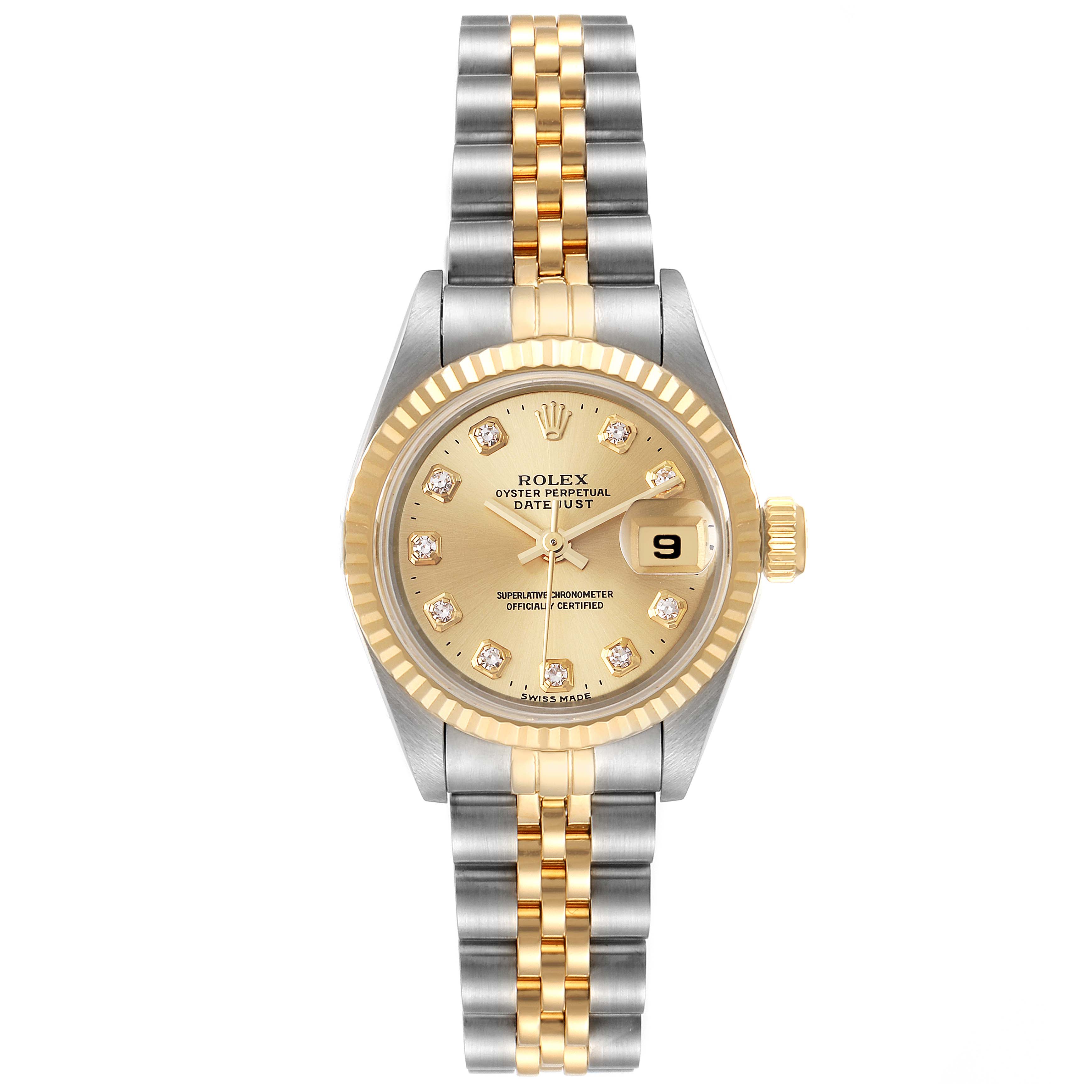 This image shows a front view of a Rolex Datejust 69173 Women's Steel and Gold (two tone) Champagne Dial 69173 Women's Steel and Gold (two tone) Champagne Dial watch, highlighting its gold dial, fluted bezel, and two-tone bracelet.