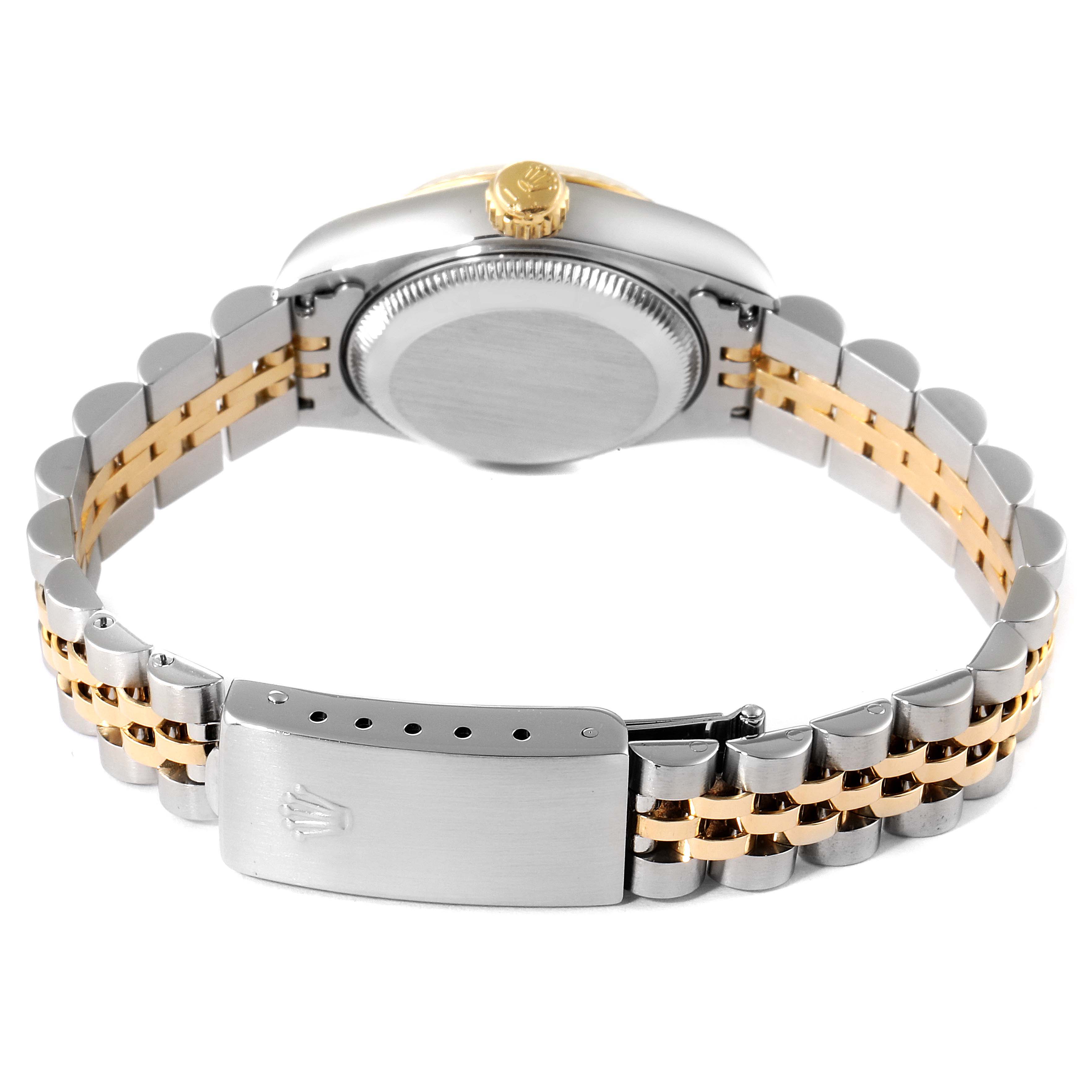 This image shows the back view of a Rolex Datejust 69173 Women's Steel and Gold (two tone) Champagne Dial 69173 Women's Steel and Gold (two tone) Champagne Dial watch, highlighting the case, crown, and two-tone bracelet with clasp.