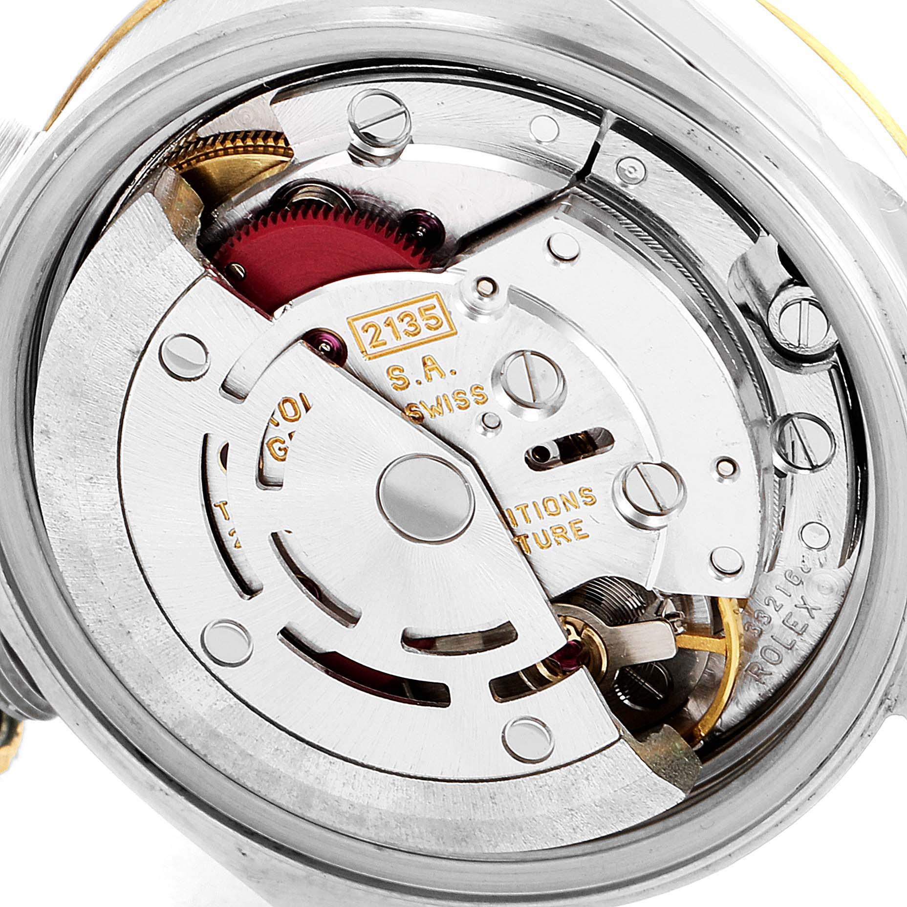 The image shows a close-up of the movement mechanism inside a Rolex Datejust 69173 Women's Steel and Gold (two tone) Champagne Dial 69173 Women's Steel and Gold (two tone) Champagne Dial watch, displaying various components.