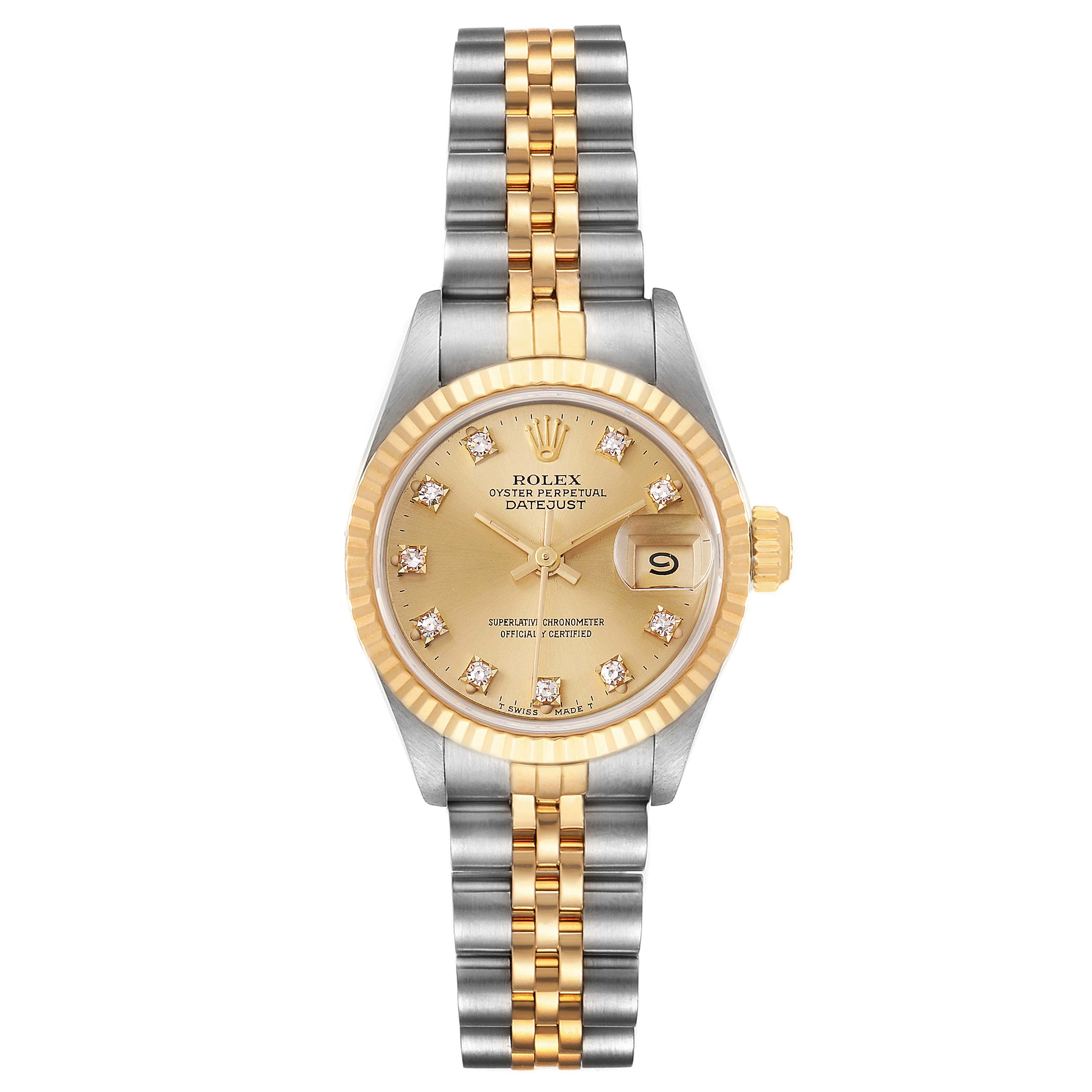 The image shows a Rolex Datejust 69173 Women's Steel and Gold (two tone) Champagne Dial 69173 Women's Steel and Gold (two tone) Champagne Dial watch from a straight-on angle, displaying the face, bezel, and part of the bracelet.