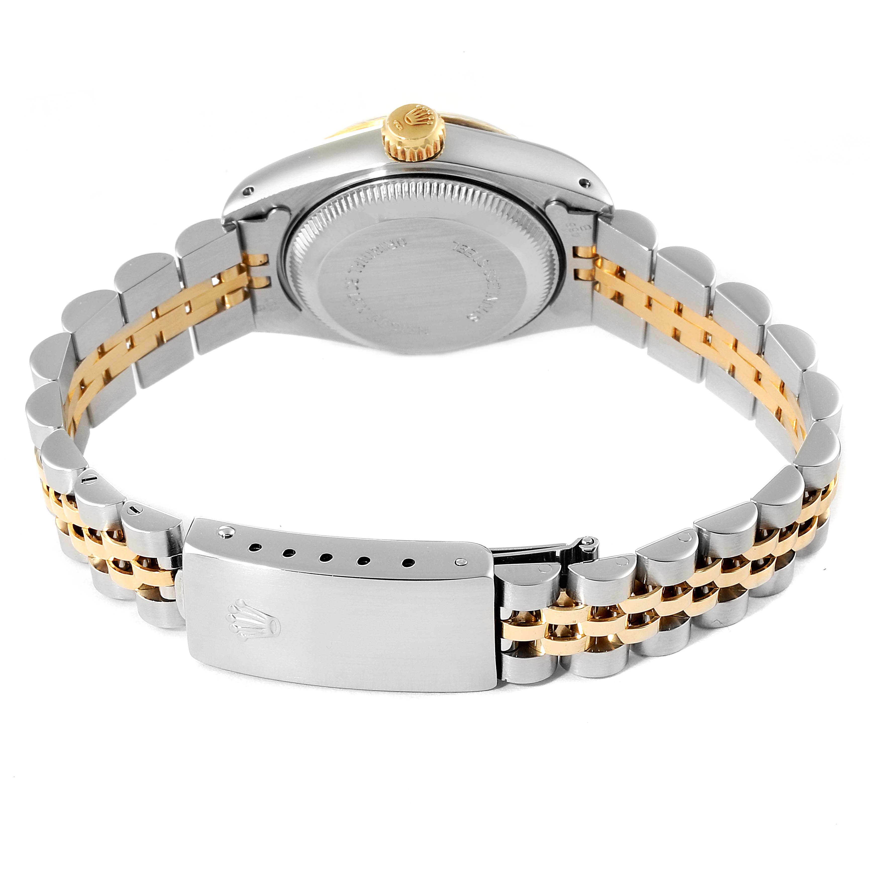 This Rolex Datejust 69173 Women's Steel and Gold (two tone) Champagne Dial 69173 Women's Steel and Gold (two tone) Champagne Dial watch is shown from the back, displaying the case back, crown, and two-tone bracelet with clasp.