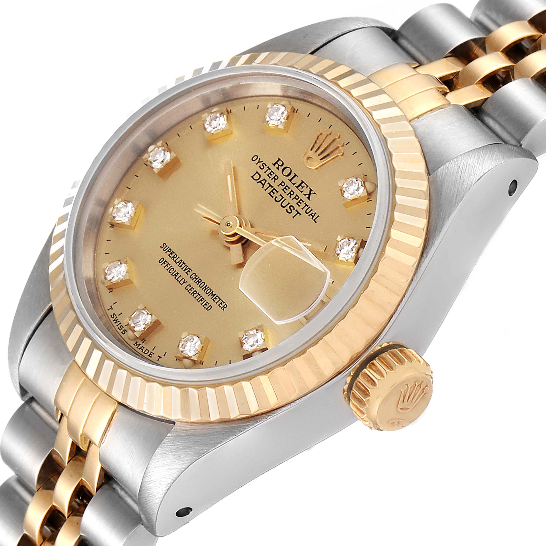 The image shows a close-up side angle of the Rolex Datejust 69173 Women's Steel and Gold (two tone) Champagne Dial 69173 Women's Steel and Gold (two tone) Champagne Dial, highlighting the dial, crown, fluted bezel, and part of the bracelet.