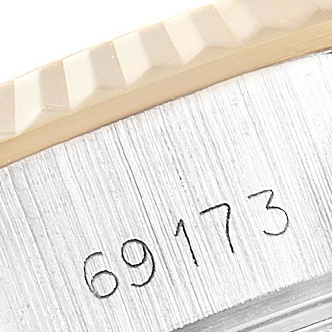 The image shows a close-up of the Rolex Datejust 69173 Women's Steel and Gold (two tone) Champagne Dial 69173 Women's Steel and Gold (two tone) Champagne Dial's case edge and bezel, including the model number "69173".