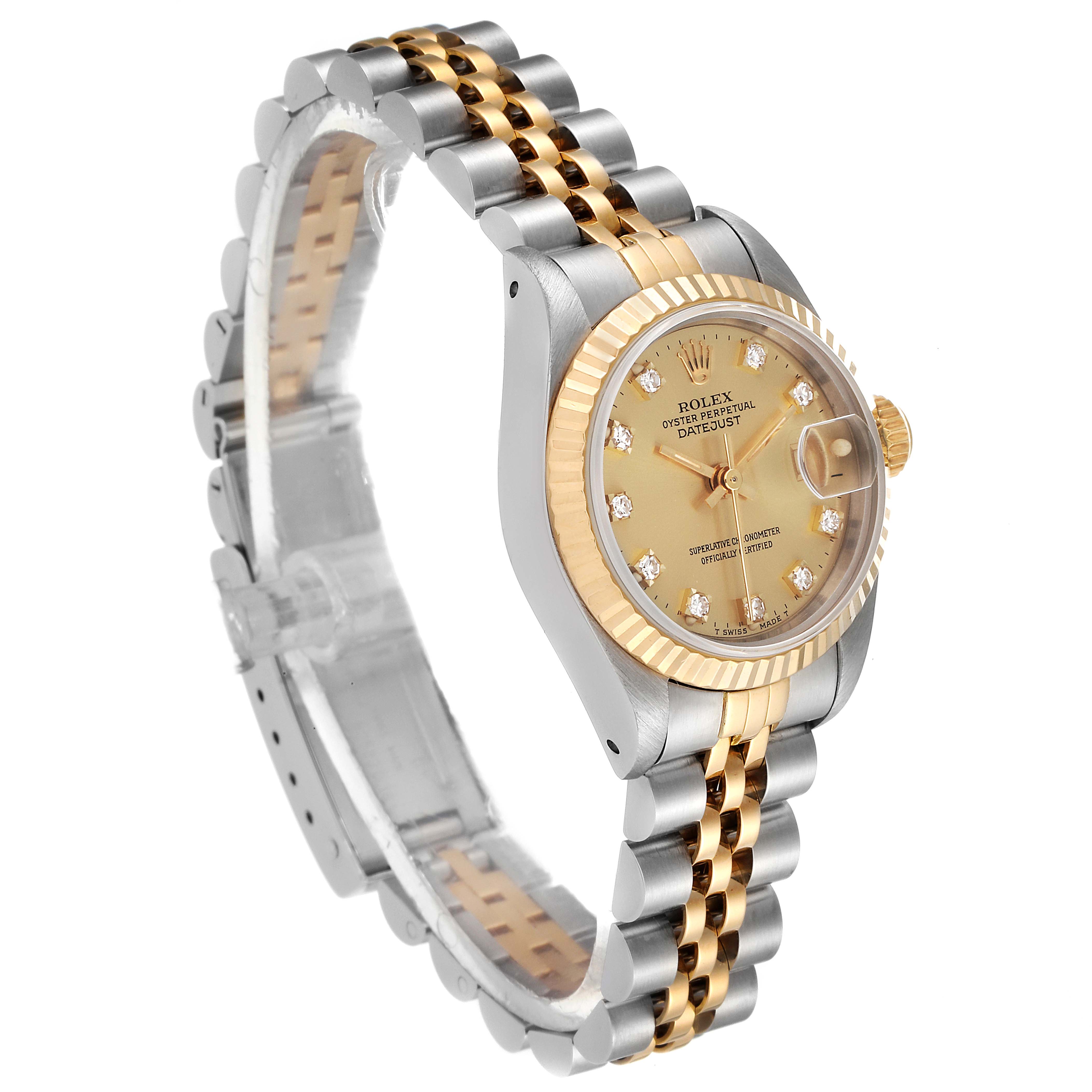 The image shows a Rolex Datejust 69173 Women's Steel and Gold (two tone) Champagne Dial 69173 Women's Steel and Gold (two tone) Champagne Dial watch at an angle highlighting its face, bezel, and two-tone bracelet.