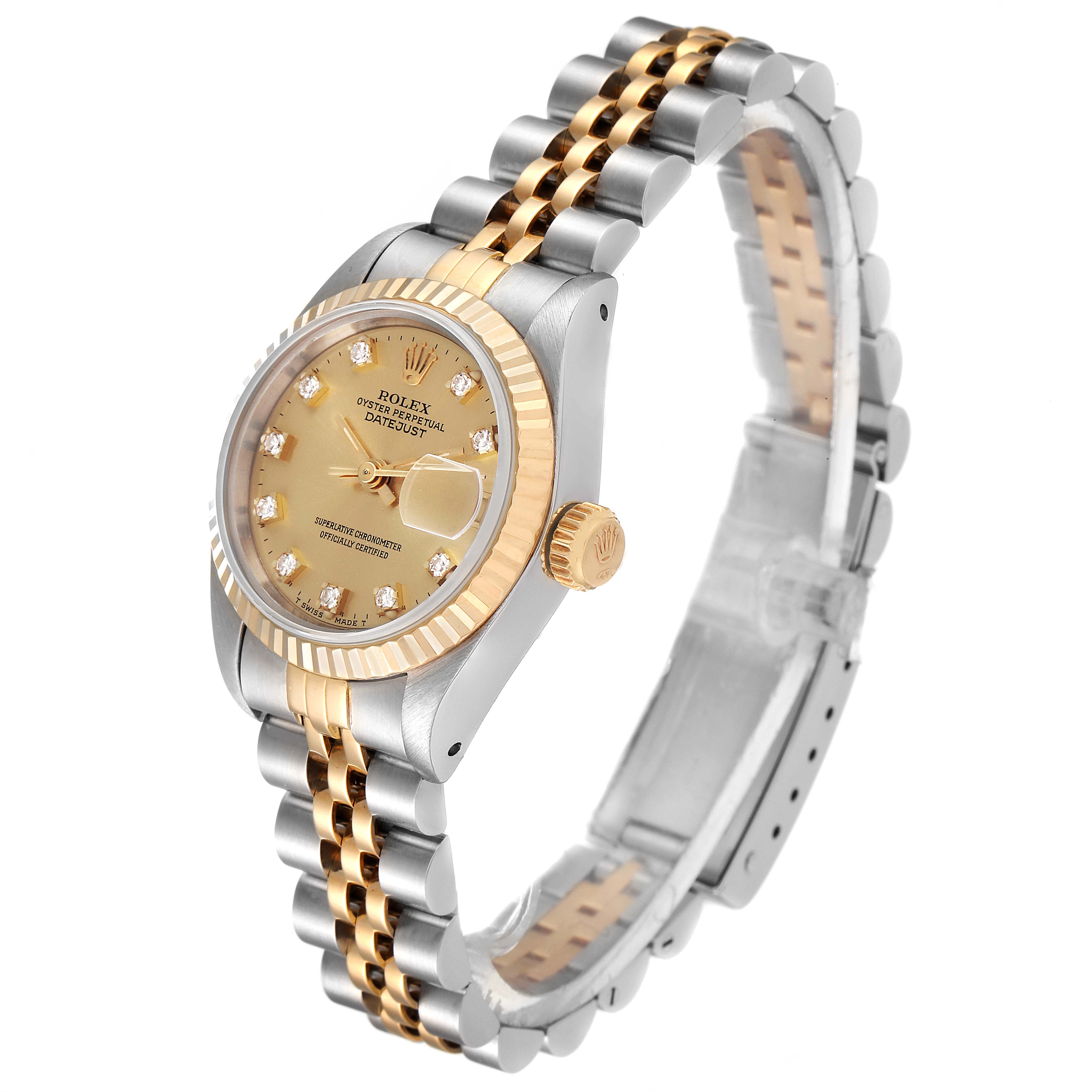 This image shows a Rolex Datejust 69173 Women's Steel and Gold (two tone) Champagne Dial 69173 Women's Steel and Gold (two tone) Champagne Dial watch at a front-side angle, highlighting the dial, bezel, crown, and bracelet.
