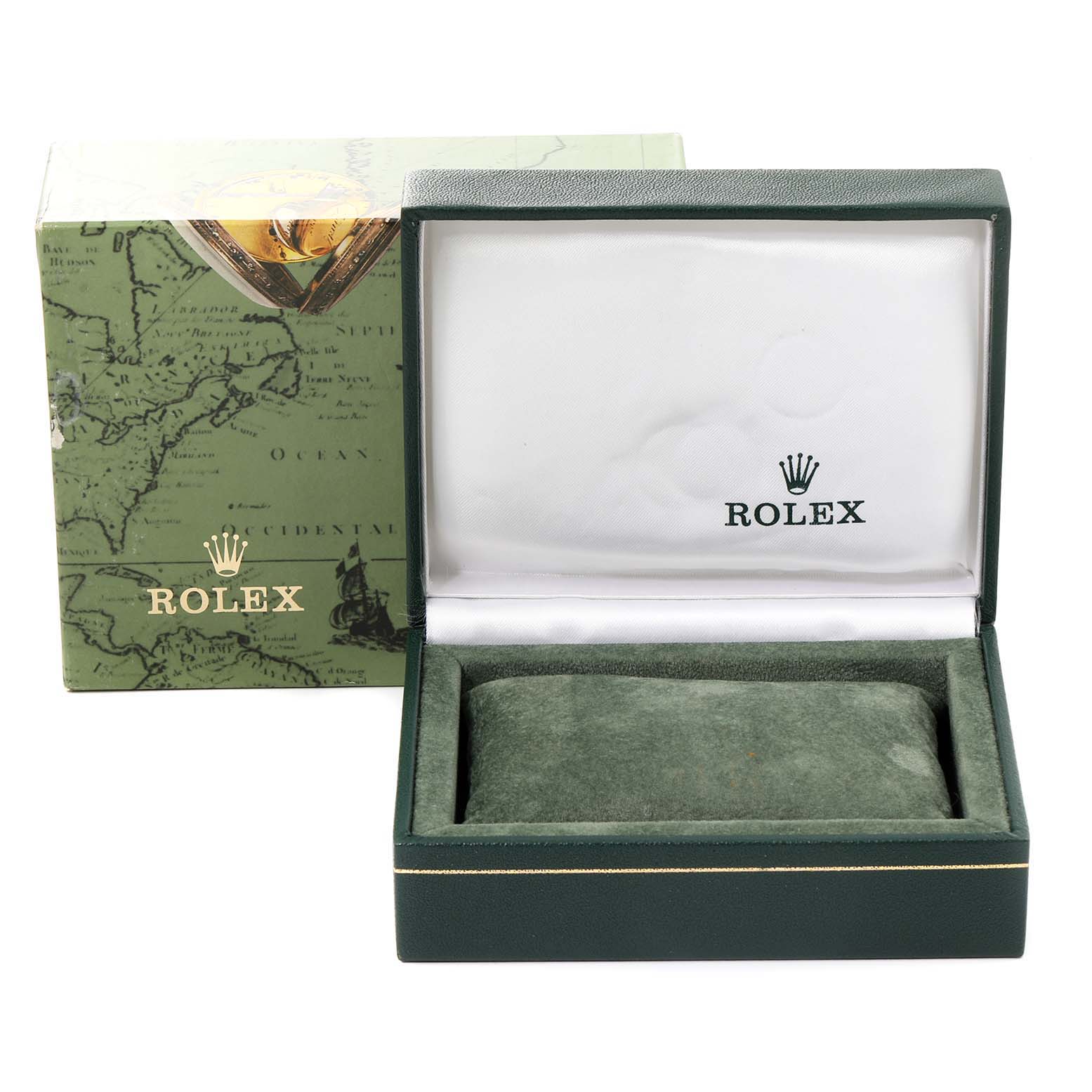 The image shows a green, open Rolex Datejust 69173 Women's Steel and Gold (two tone) Champagne Dial 69173 Women's Steel and Gold (two tone) Champagne Dial watch box placed beside its outer packaging.