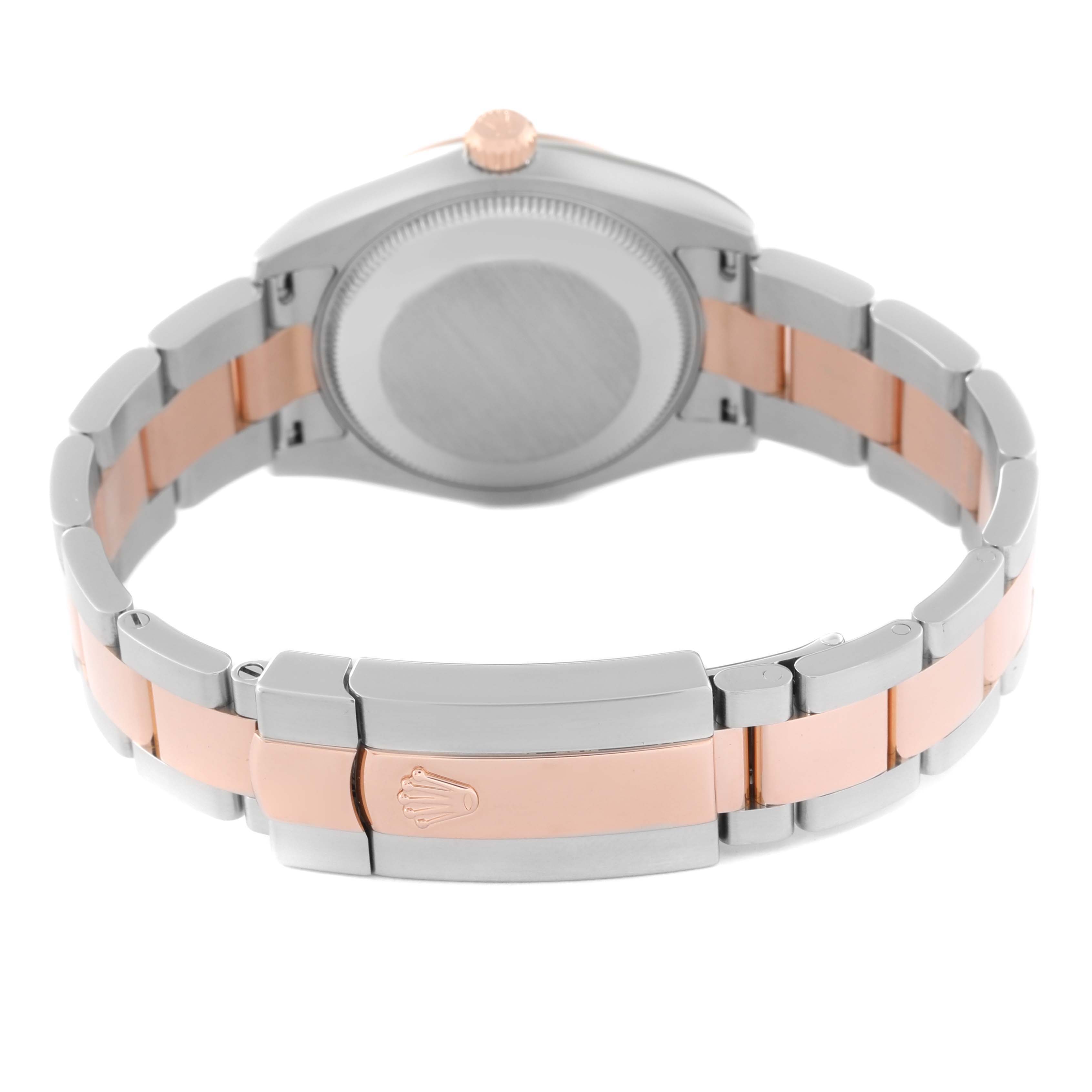 This image shows the back case and band of a Rolex Mid-Size 178241 Women's Steel and Gold (two tone) Pink Dial 178241 Women's Steel and Gold (two tone) Pink Dial watch, highlighting its two-tone metal design and clasp.