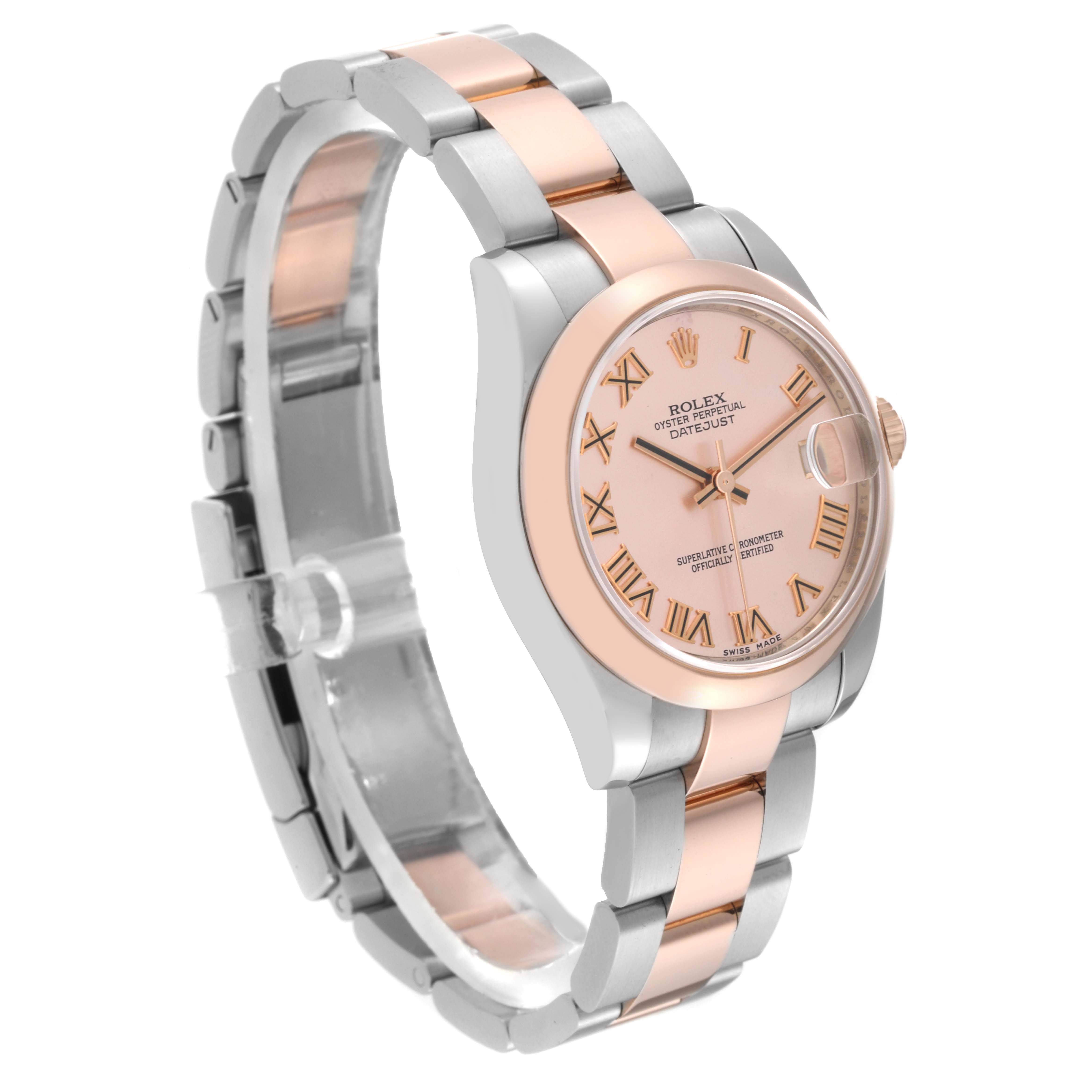 This Rolex Datejust Mid-Size watch is shown from a three-quarter angle, displaying its pink dial, Roman numerals, and two-tone bracelet.