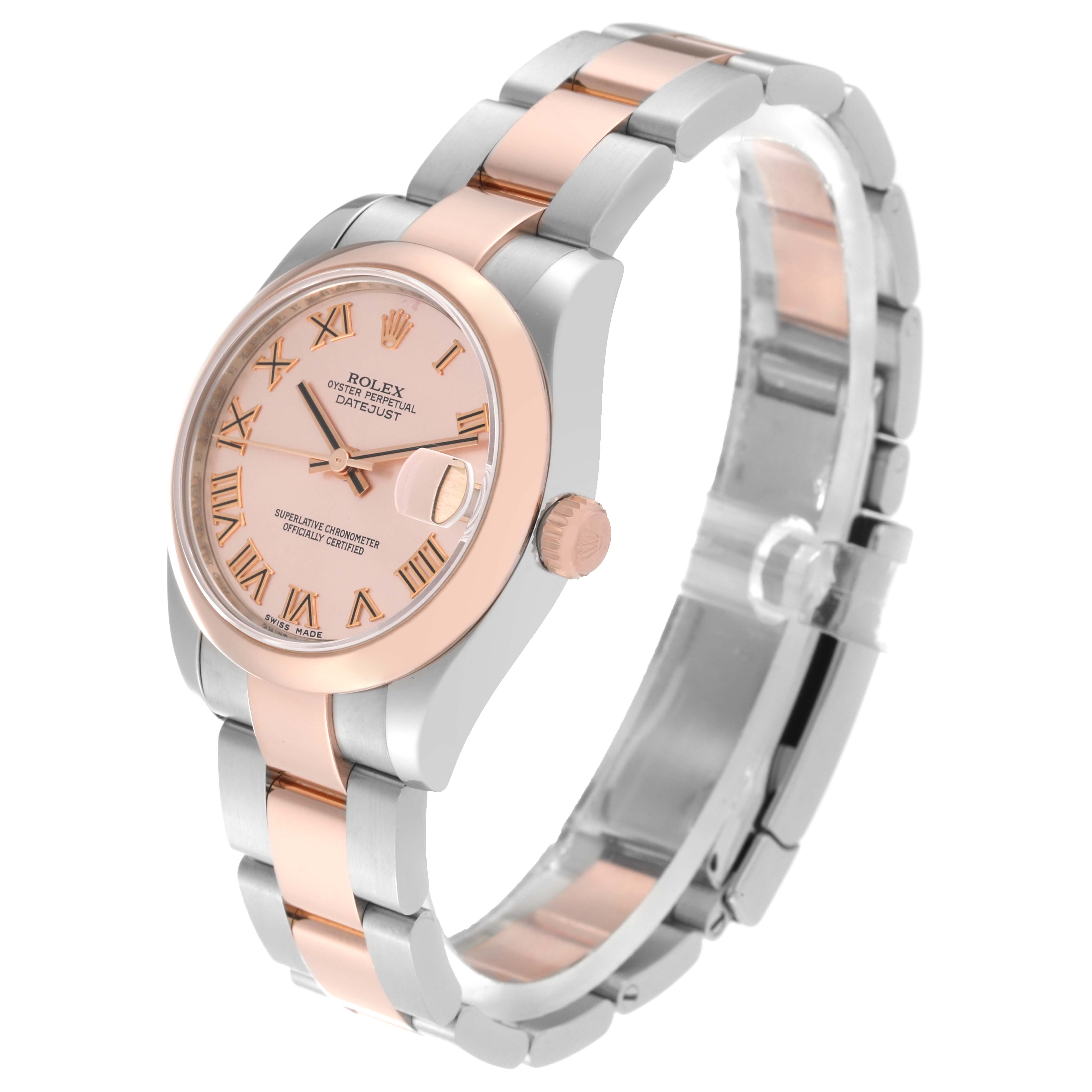The image shows a side angle of a Rolex Mid-Size 178241 Women's Steel and Gold (two tone) Pink Dial 178241 Women's Steel and Gold (two tone) Pink Dial Datejust watch, highlighting its bezel, dial, and two-tone bracelet.