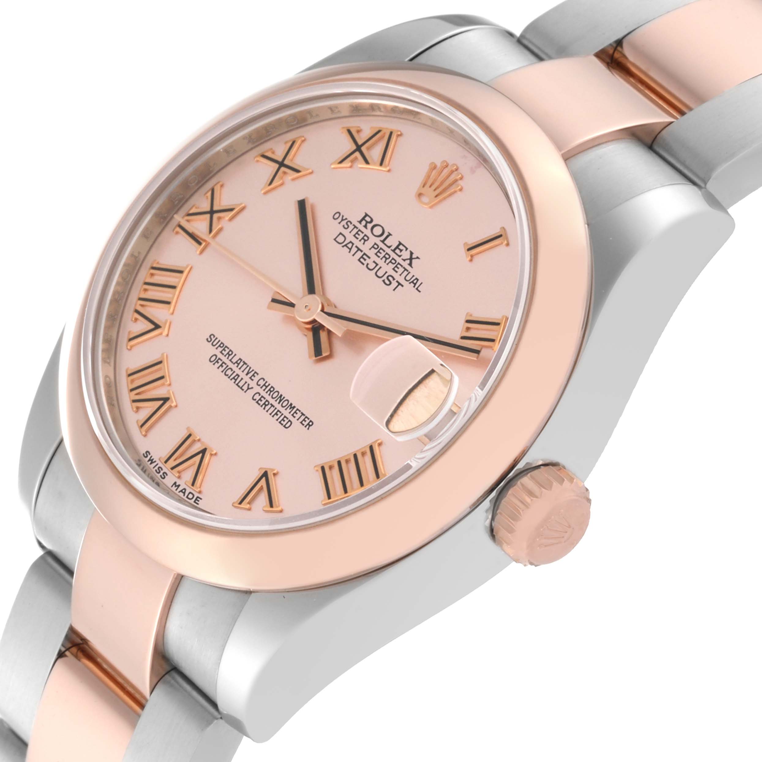 The image shows a close-up angle of a Rolex Mid-Size 178241 Women's Steel and Gold (two tone) Pink Dial 178241 Women's Steel and Gold (two tone) Pink Dial Oyster Perpetual Datejust watch, highlighting the dial, bezel, crown, and part of the bracelet.