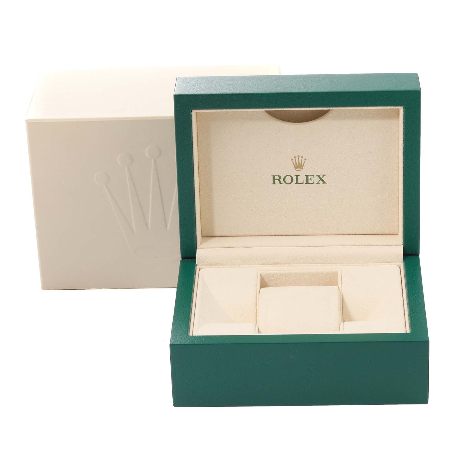 The image shows an open and empty Rolex Mid-Size 178241 Women's Steel and Gold (two tone) Pink Dial 178241 Women's Steel and Gold (two tone) Pink Dial watch box with its green and beige interior and exterior.