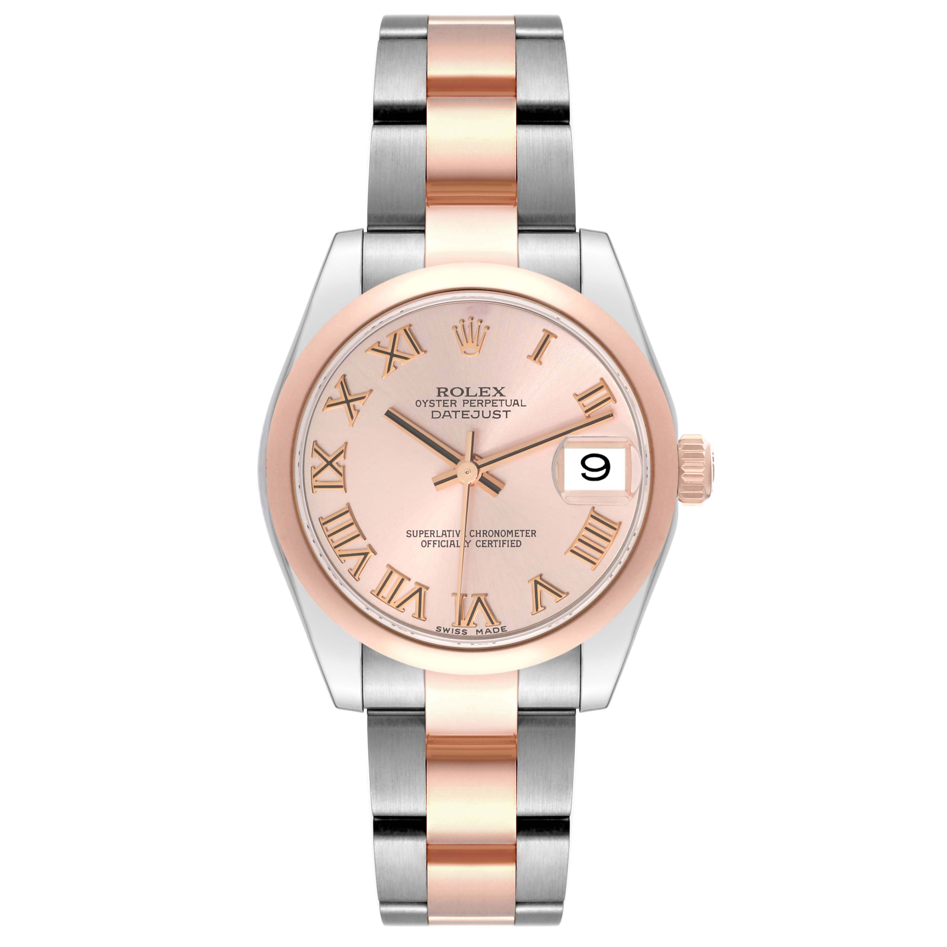 This image shows a frontal view of a Rolex Mid-Size 178241 Women's Steel and Gold (two tone) Pink Dial 178241 Women's Steel and Gold (two tone) Pink Dial Datejust watch, featuring a two-tone strap and date window.