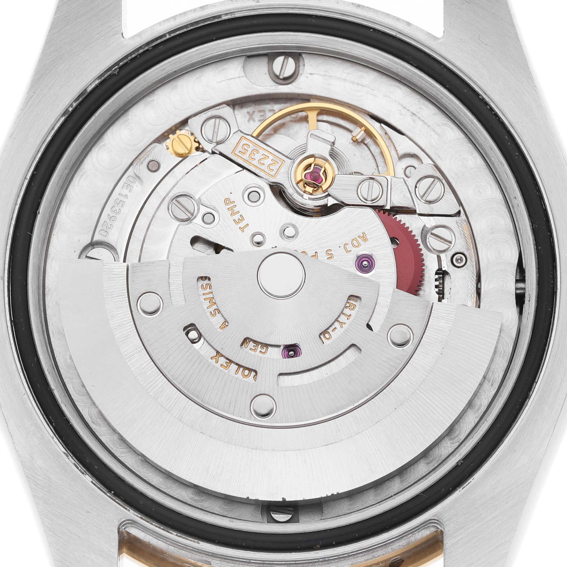 This image shows the internal movement and mechanism of a Rolex Mid-Size 178343 Women's Steel and Gold (two tone) Silver Dial watch viewed from the back.