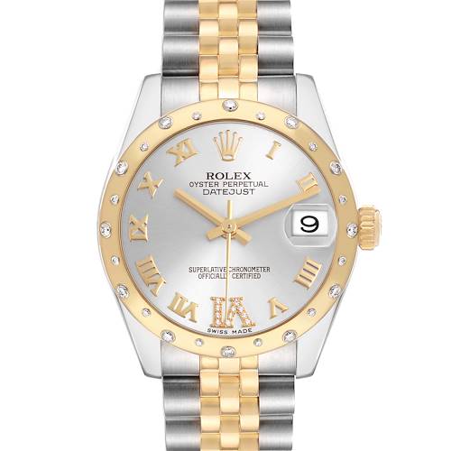The Rolex Mid-Size 178343 Women's Steel and Gold (two tone) Silver Dial Datejust watch is shown from a front angle, highlighting the face, bezel, and bracelet.