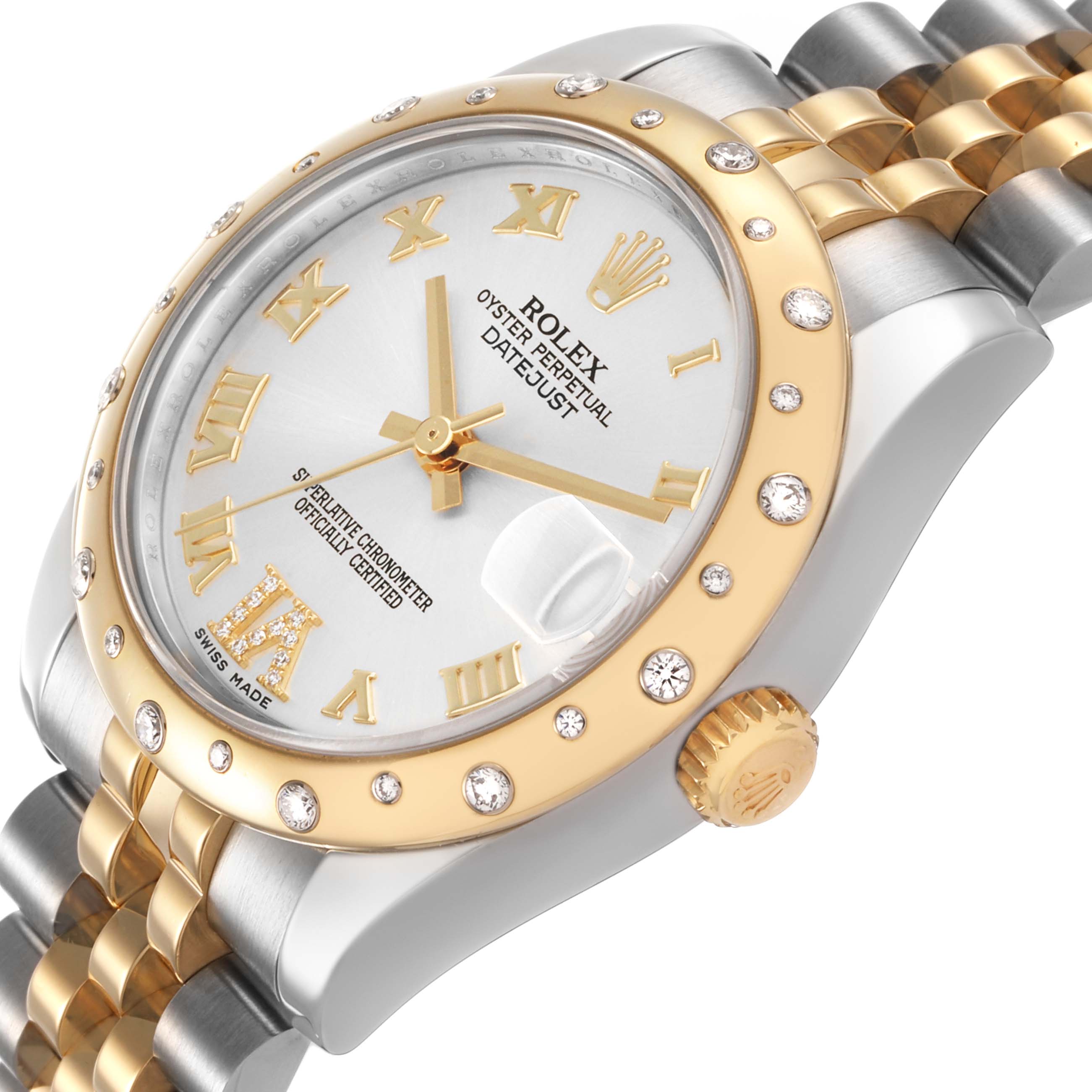 The Rolex Mid-Size 178343 Women's Steel and Gold (two tone) Silver Dial watch is shown at an angle highlighting the bezel, crown, and part of the bracelet.