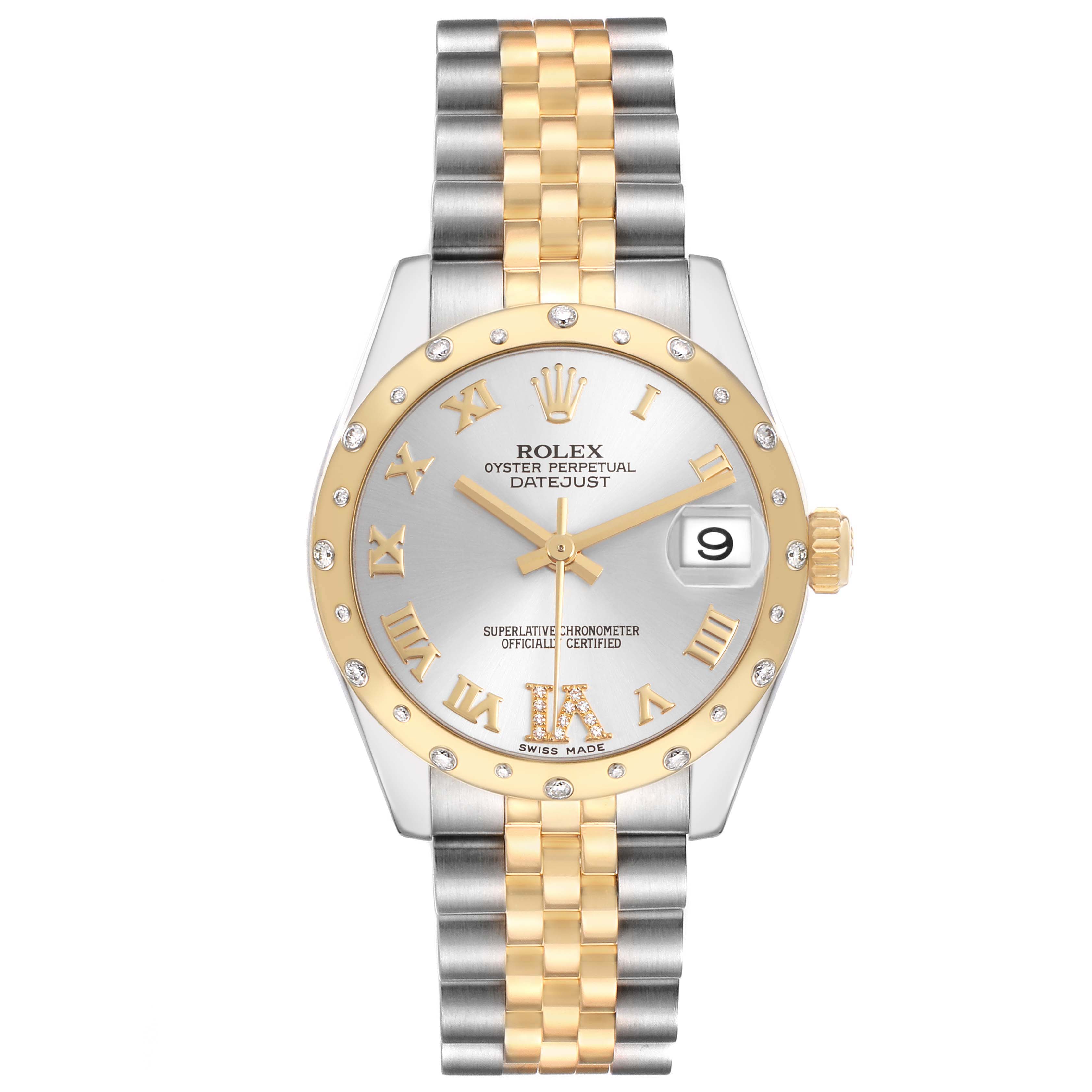 The Rolex Mid-Size 178343 Women's Steel and Gold (two tone) Silver Dial Datejust is shown from the front, highlighting the face, Roman numerals, and two-tone bracelet.