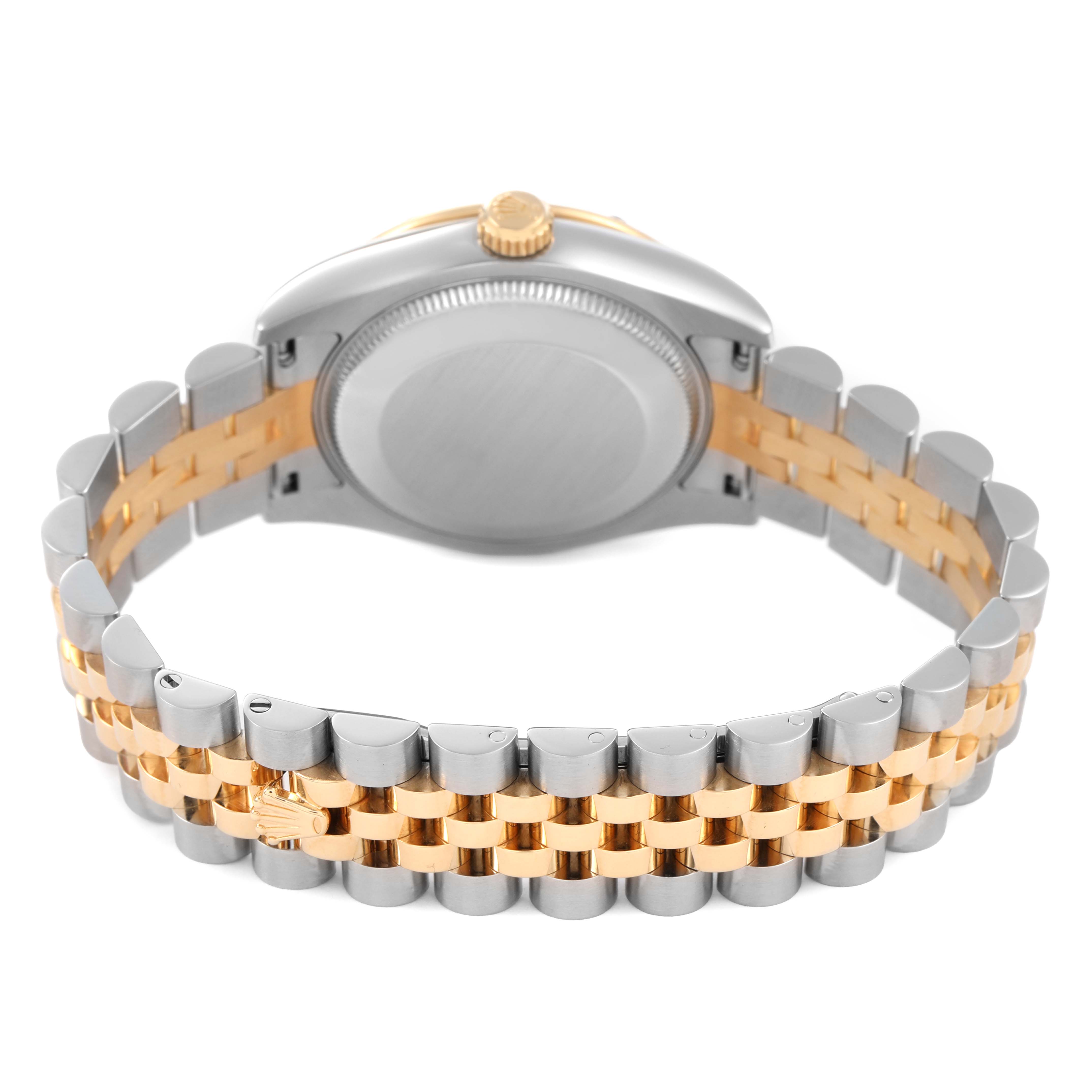The image shows the backside of the Rolex Mid-Size 178343 Women's Steel and Gold (two tone) Silver Dial watch, highlighting the bracelet and case back at a perpendicular angle.