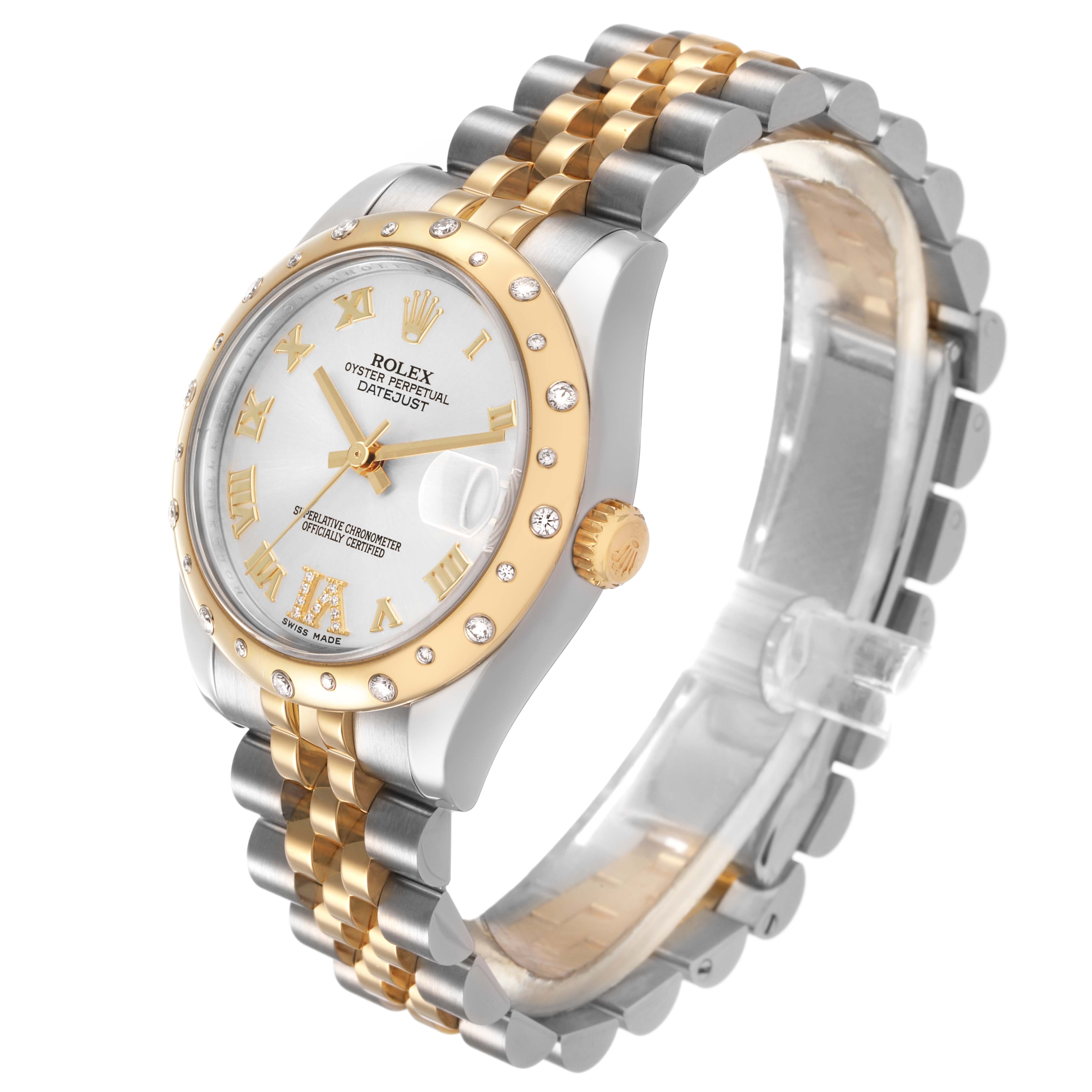 The Rolex Mid-Size 178343 Women's Steel and Gold (two tone) Silver Dial watch is shown at an oblique angle, highlighting the dial, bezel, crown, and two-tone bracelet.