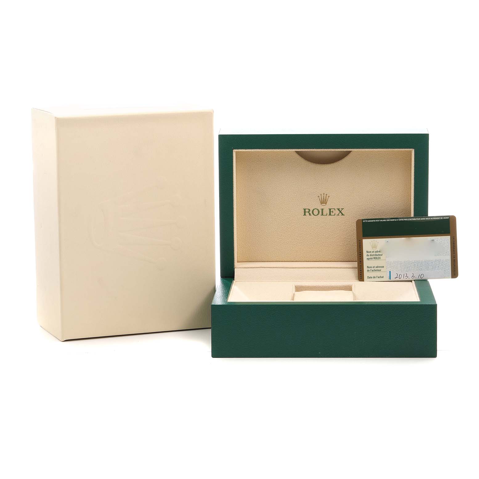 The image shows a Rolex Mid-Size 178343 Women's Steel and Gold (two tone) Silver Dial watch box, including the outer box, inner box, and warranty card.