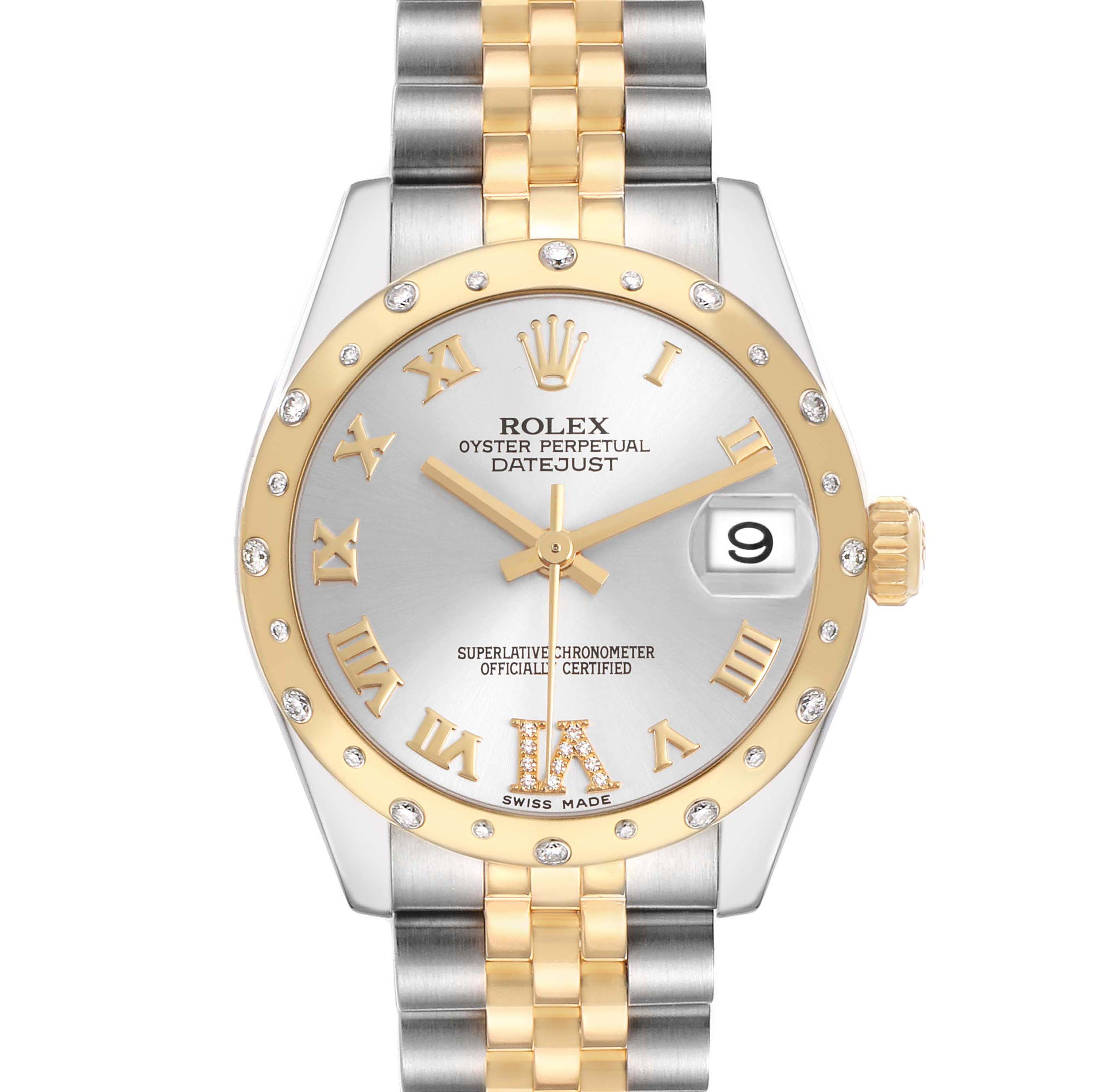 The Rolex Datejust Mid-Size watch is shown from the front, displaying the dial, bezel, and bracelet.