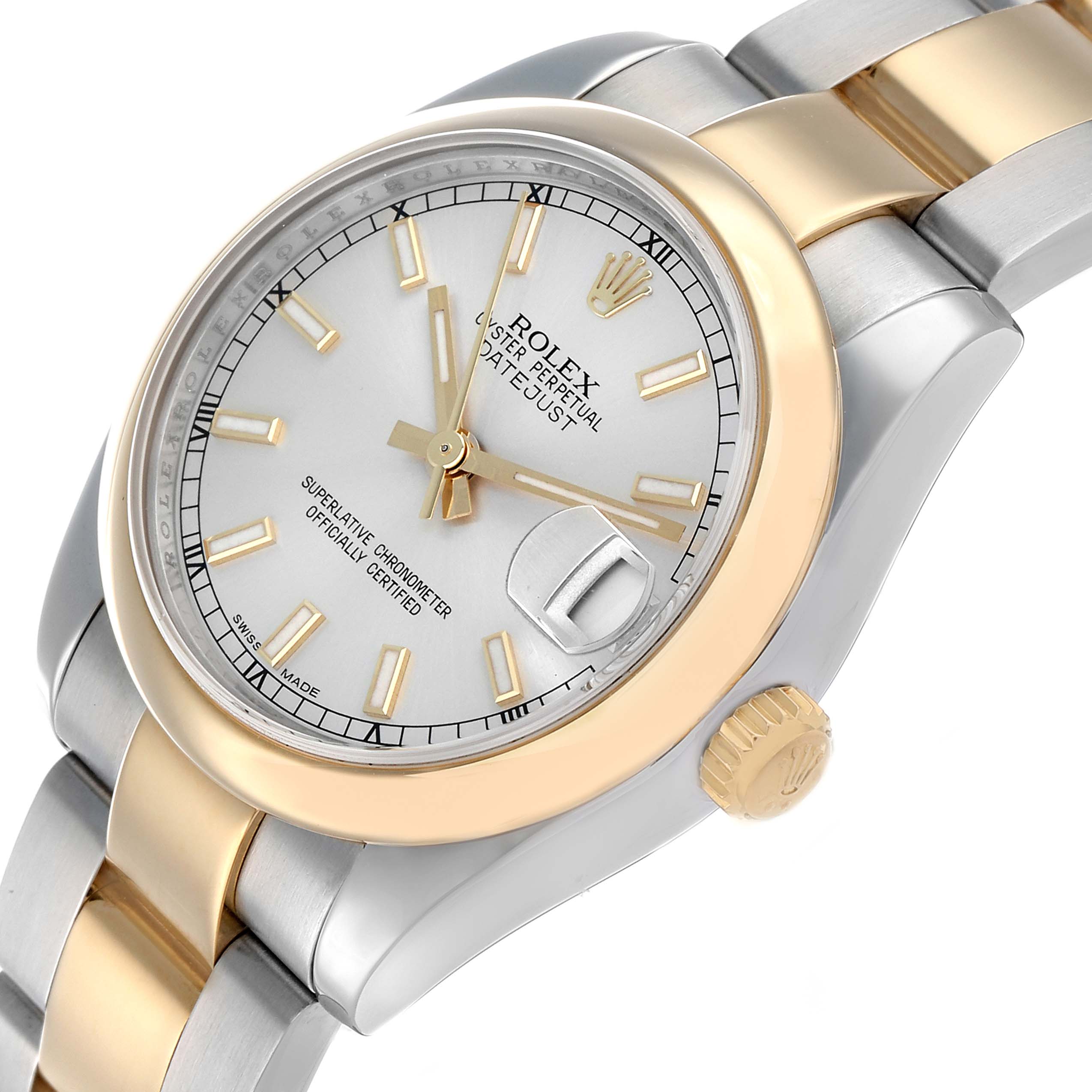 The Rolex Datejust 178243 Women's Steel and Gold (two tone) Silver Dial watch is shown from an angled side view, highlighting the dial, bezel, crown, and part of the bracelet.