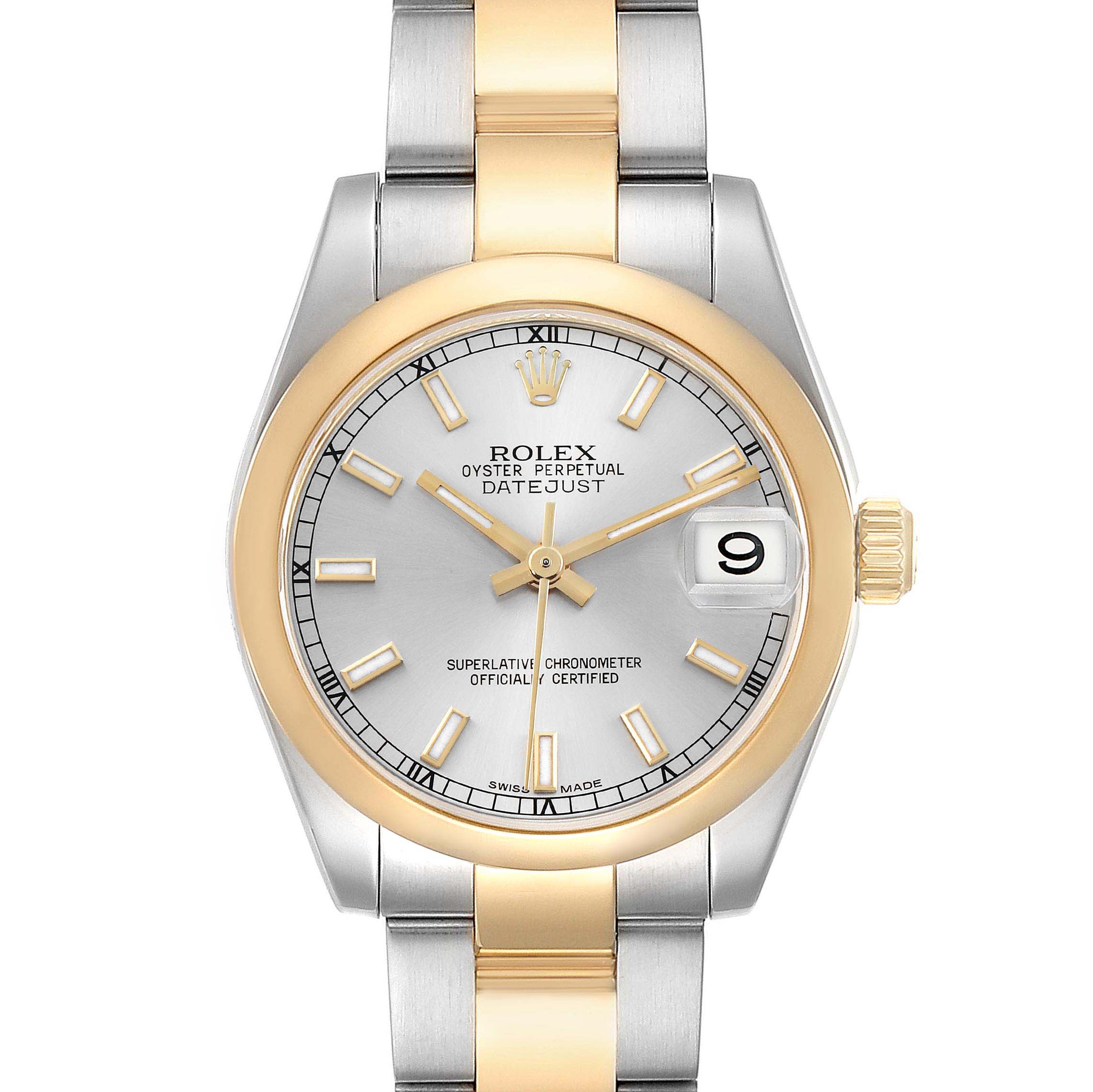 The Rolex Datejust 178243 Women's Steel and Gold (two tone) Silver Dial watch is shown from the front, highlighting the dial, bezel, bracelet, and crown.