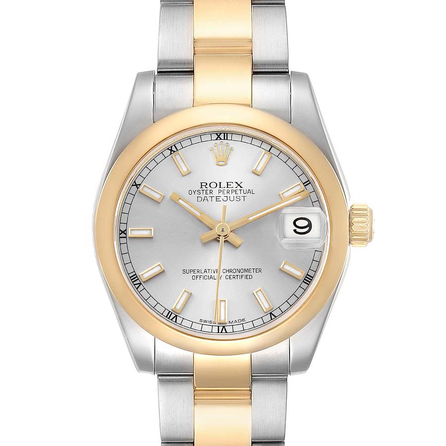 The Rolex Datejust 178243 Women's Steel and Gold (two tone) Silver Dial watch is shown from the front, highlighting the dial, bezel, bracelet, and crown.