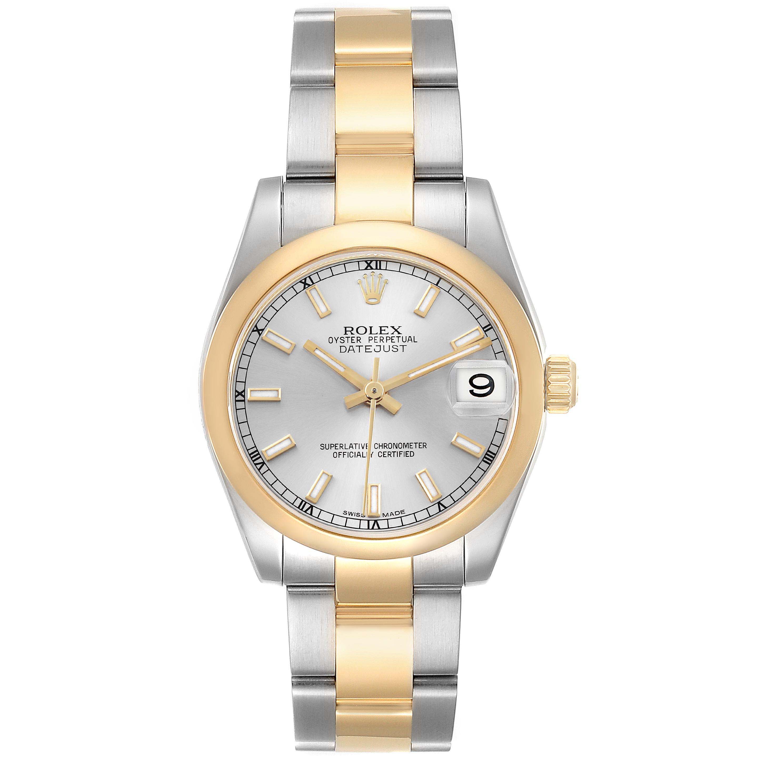 The Rolex Datejust 178243 Women's Steel and Gold (two tone) Silver Dial watch is shown from a top view, highlighting the two-tone bracelet, dial, and crown.