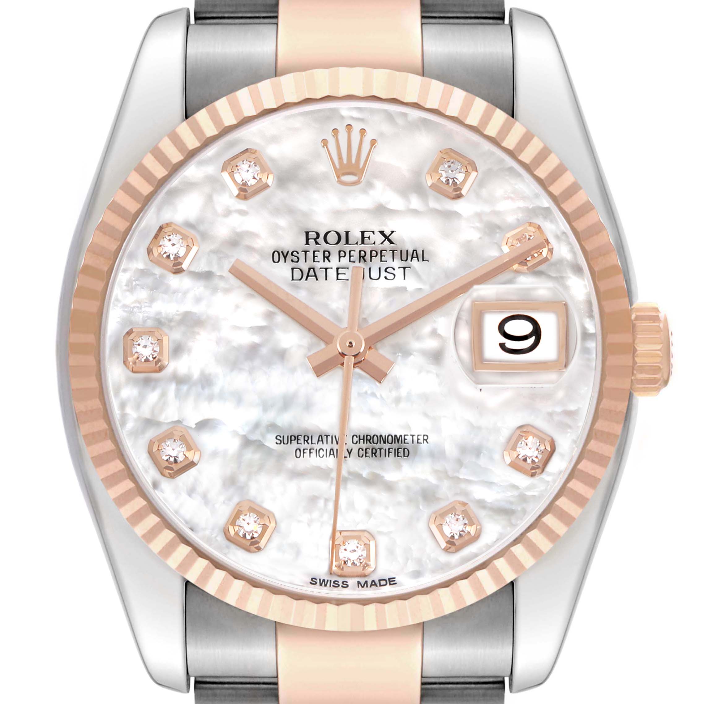 The Rolex Datejust 116231 Men's Steel and Gold (two tone) Mother of Pearl Dial is shown from the front, highlighting the bezel, dial, date window, and markers.