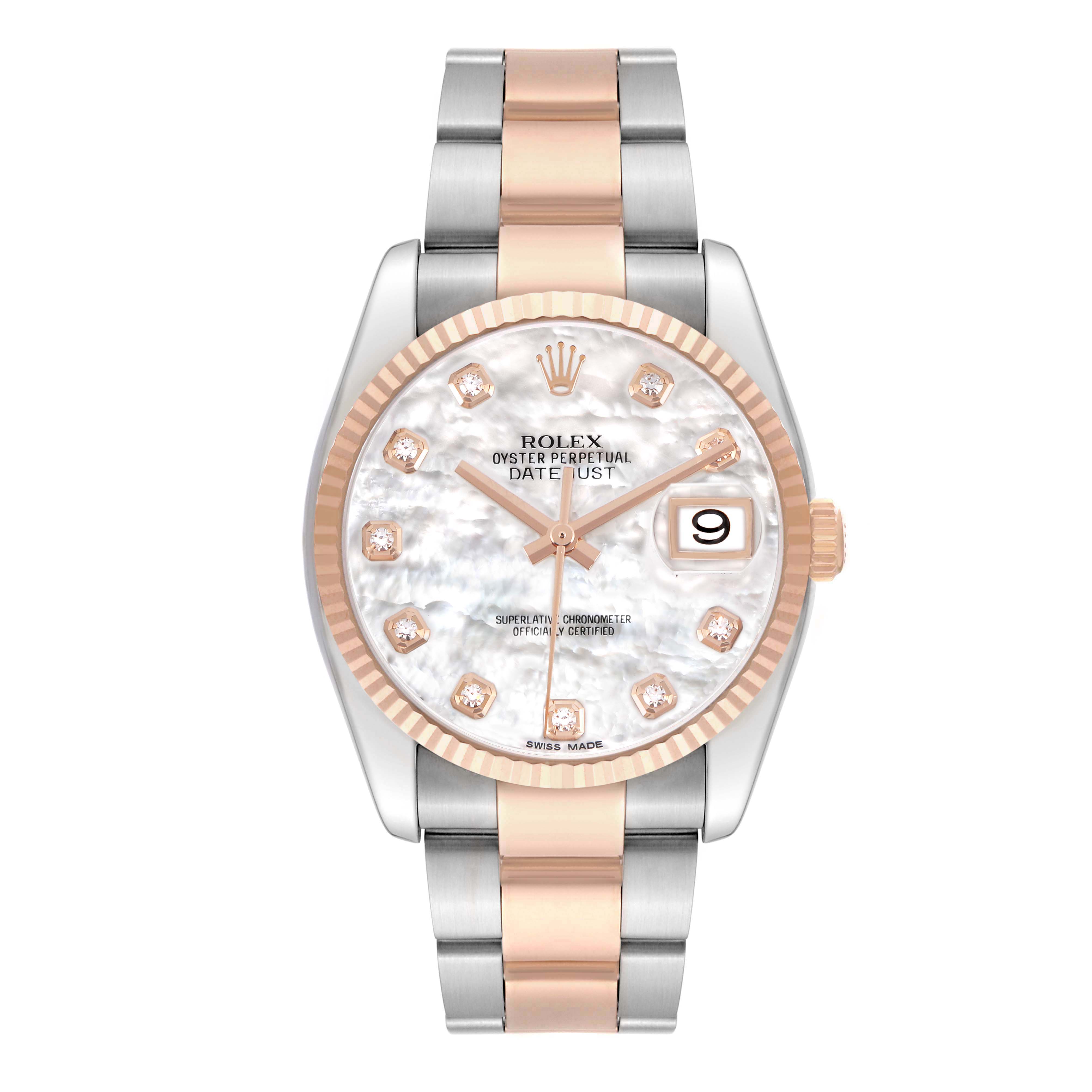 The Rolex Datejust 116231 Men's Steel and Gold (two tone) Mother of Pearl Dial watch is shown from the front, highlighting its dial, bezel, and bracelet.