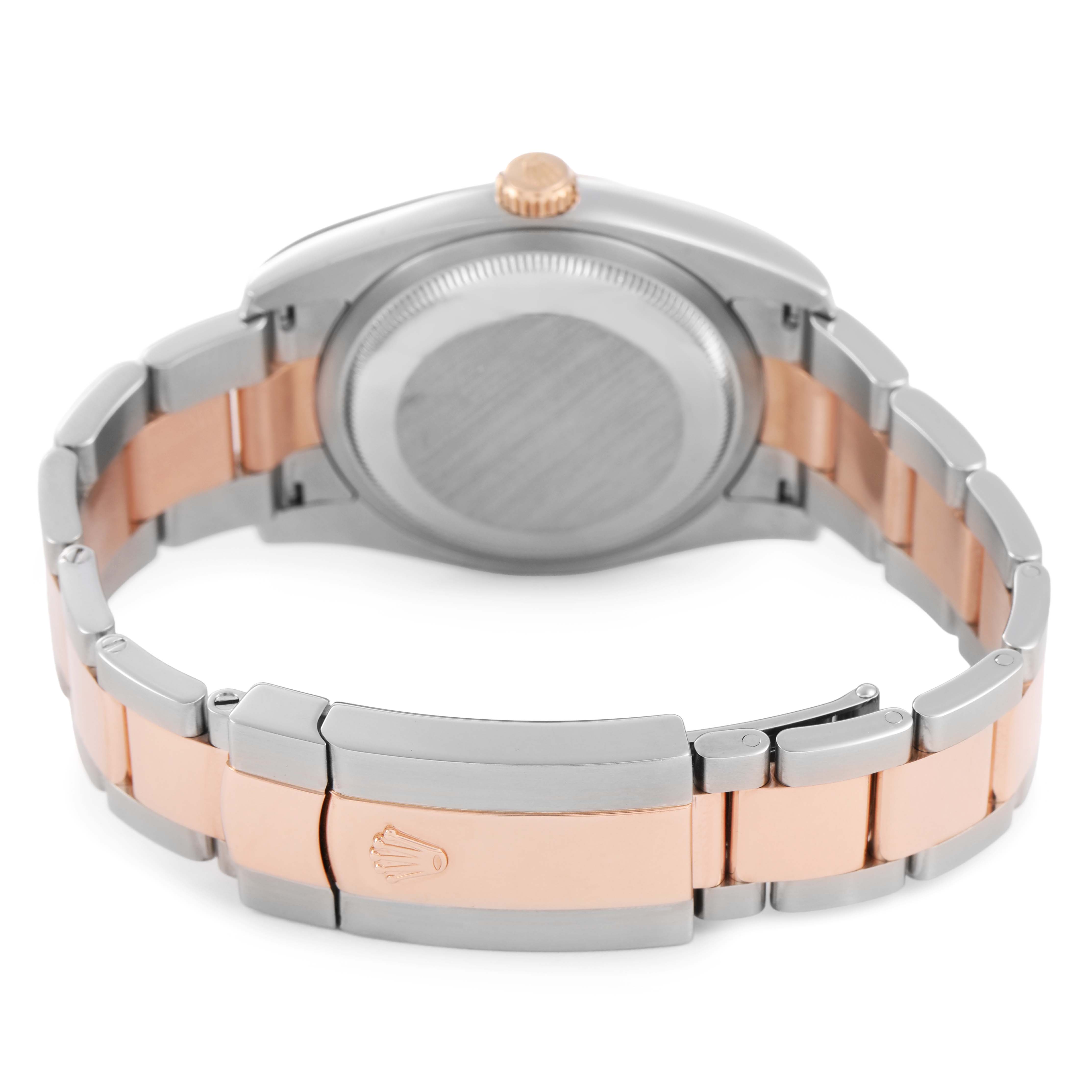 The image shows the back view of a Rolex Datejust 116231 Men's Steel and Gold (two tone) Mother of Pearl Dial watch, highlighting the case back and oyster bracelet clasp.