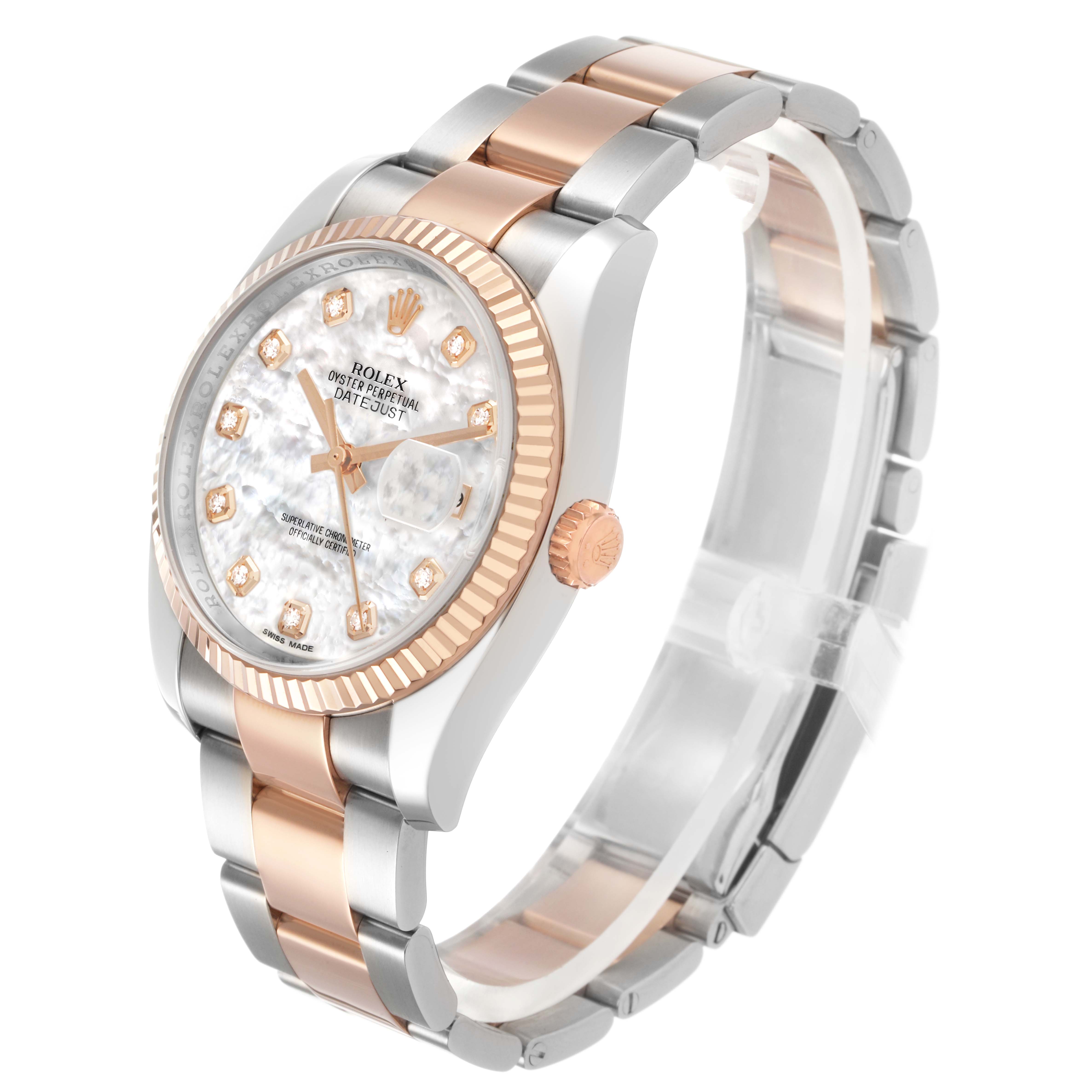 The Rolex Datejust 116231 Men's Steel and Gold (two tone) Mother of Pearl Dial is shown at a slightly angled side view, highlighting the face, bezel, crown, and bracelet.