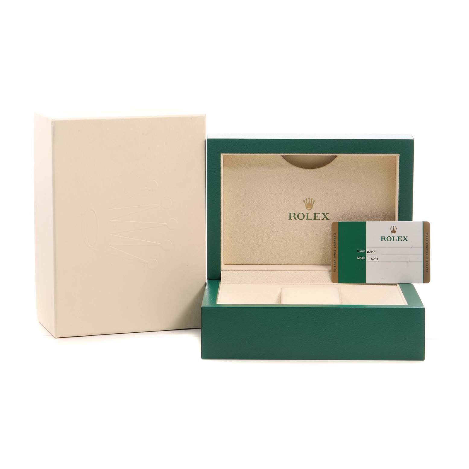 The image shows a Rolex Datejust 116231 Men's Steel and Gold (two tone) Mother of Pearl Dial packaging box with an open lid, presented from the front, along with an authenticity card.